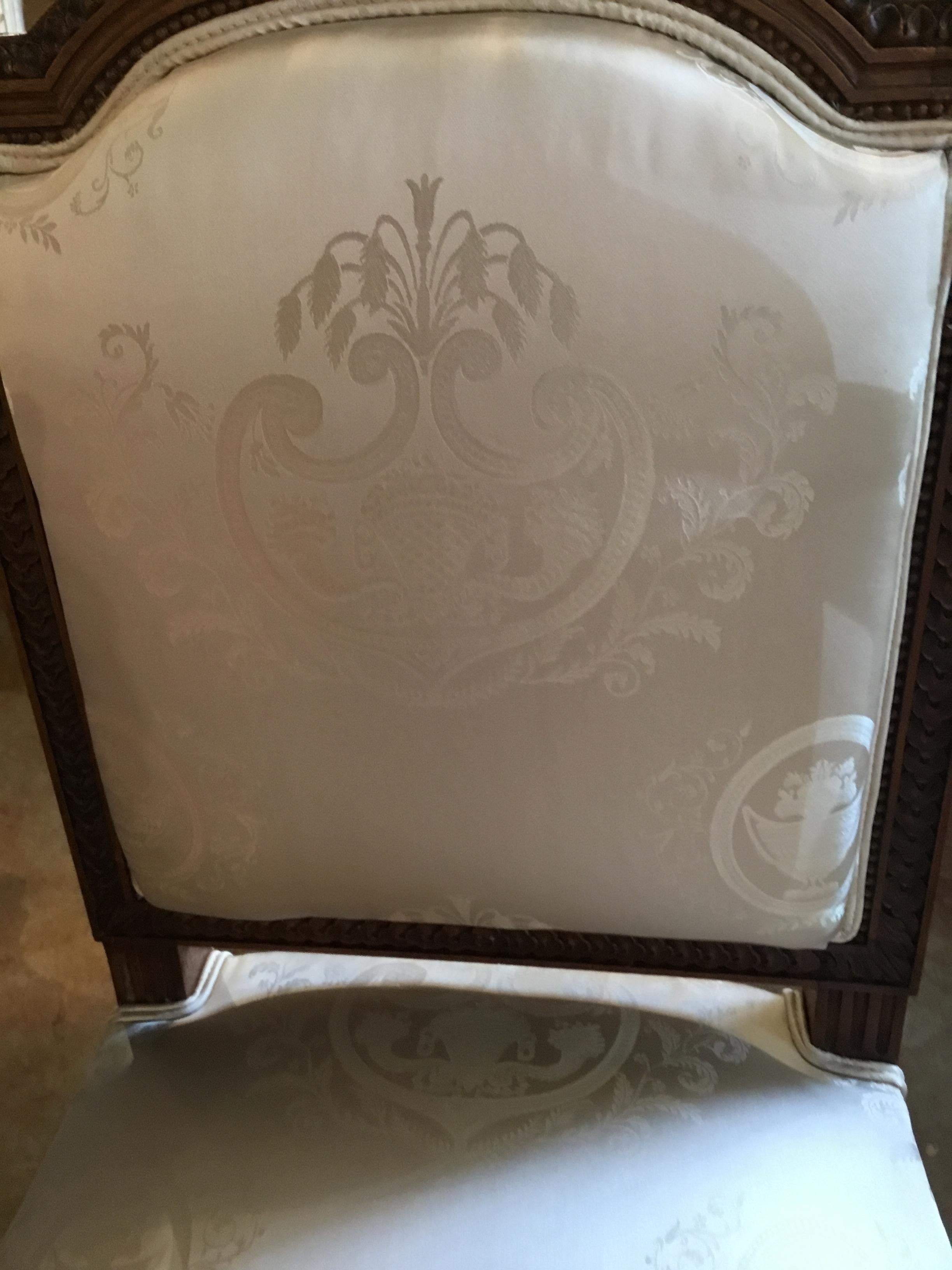 Pair of French Louis XVI Style Side Chairs with White Silk Upholstery For Sale 1