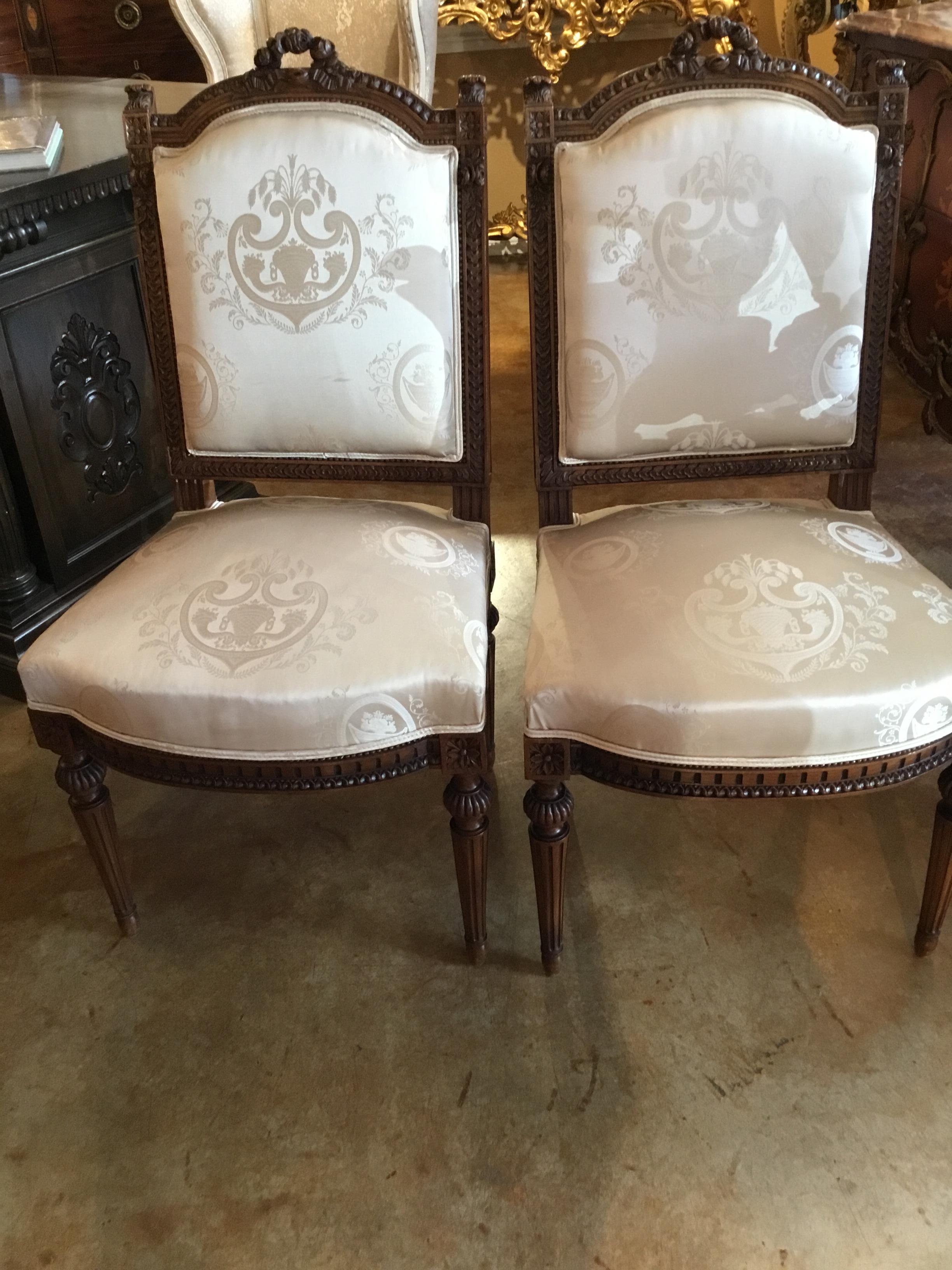 Pair of French Louis XVI Style Side Chairs with White Silk Upholstery For Sale 3