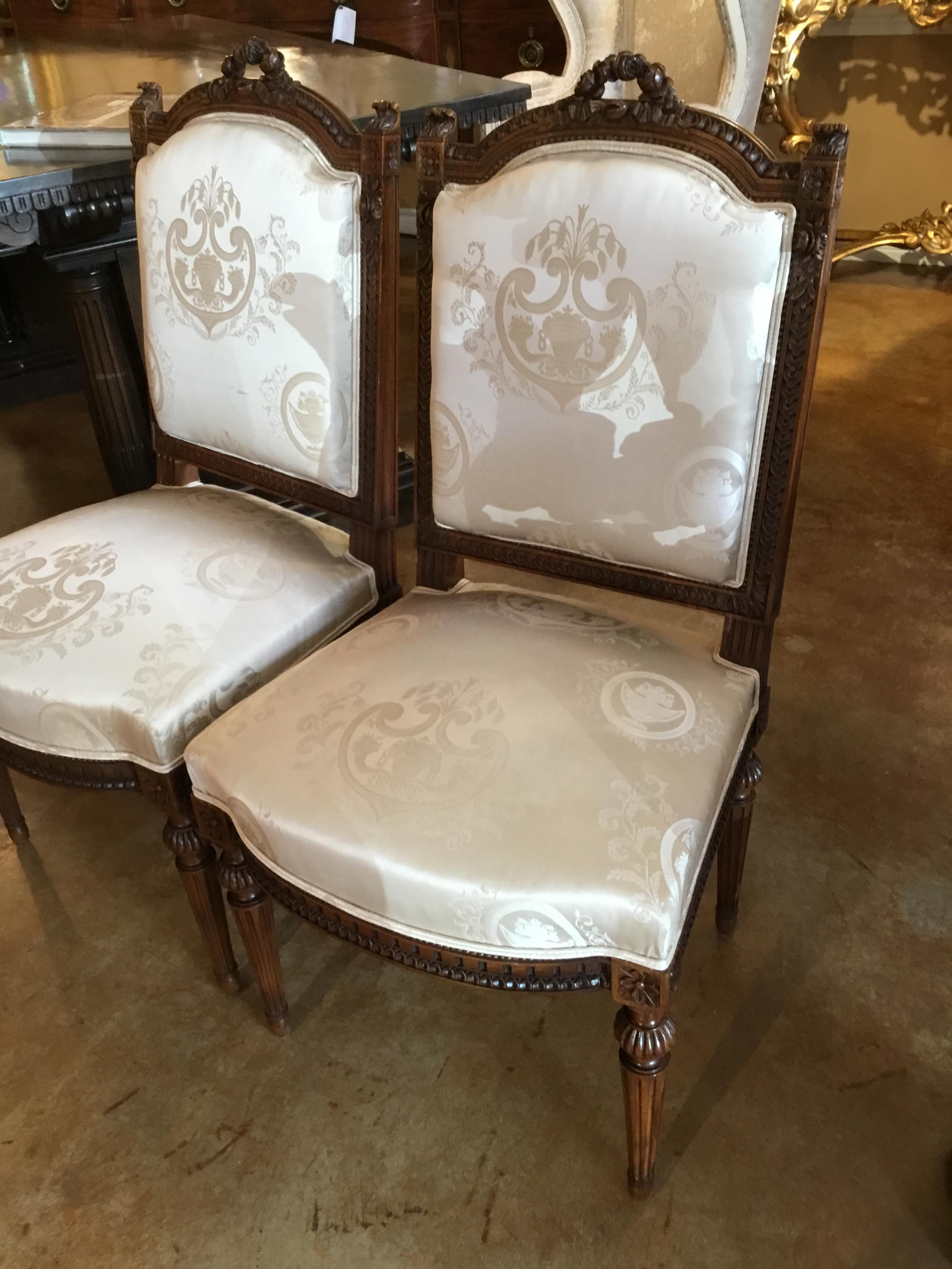 Pair of French Louis XVI Style Side Chairs with White Silk Upholstery For Sale 4