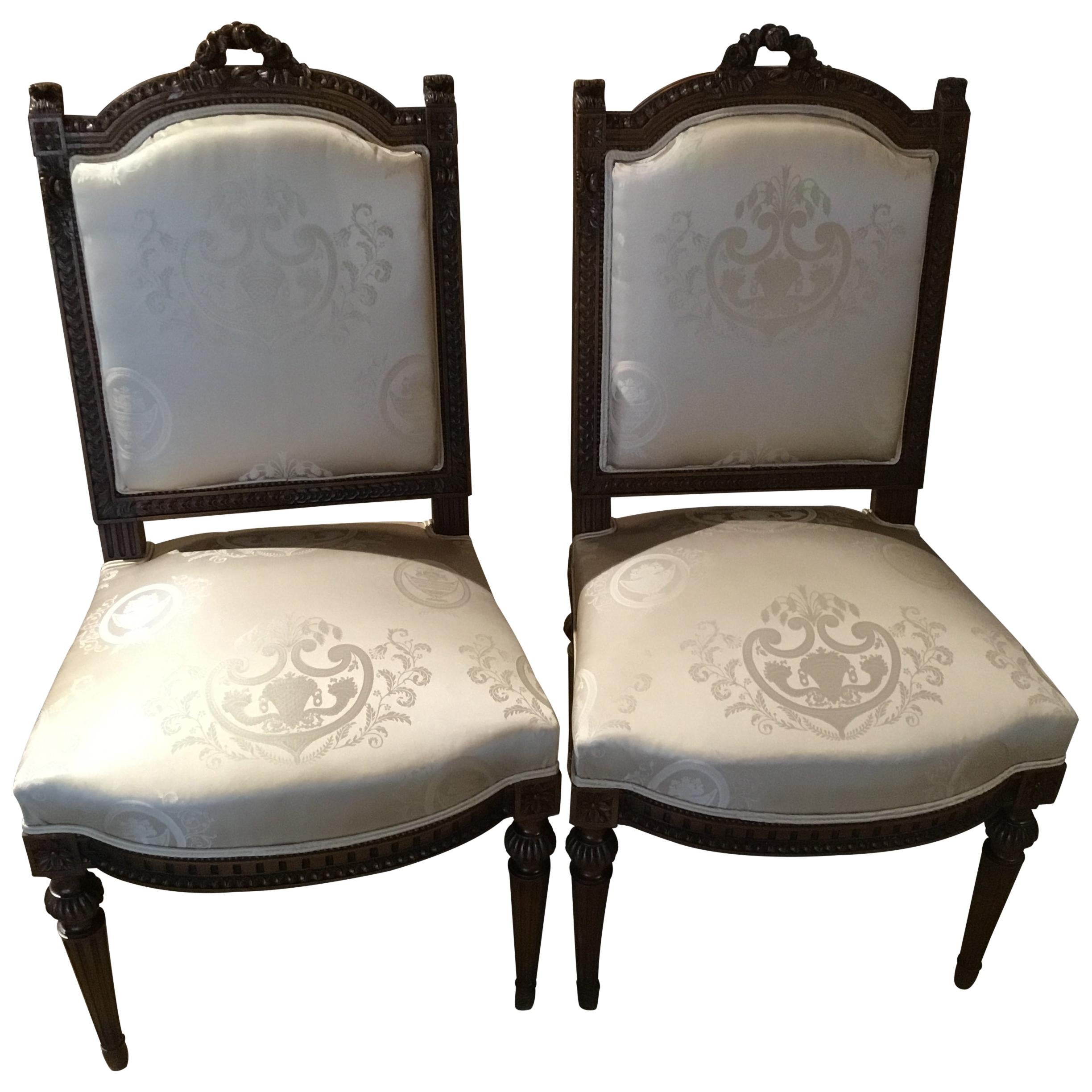 Pair of French Louis XVI Style Side Chairs with White Silk Upholstery For Sale