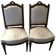 Pair of French Louis XVI Style Side Chairs with White Silk Upholstery