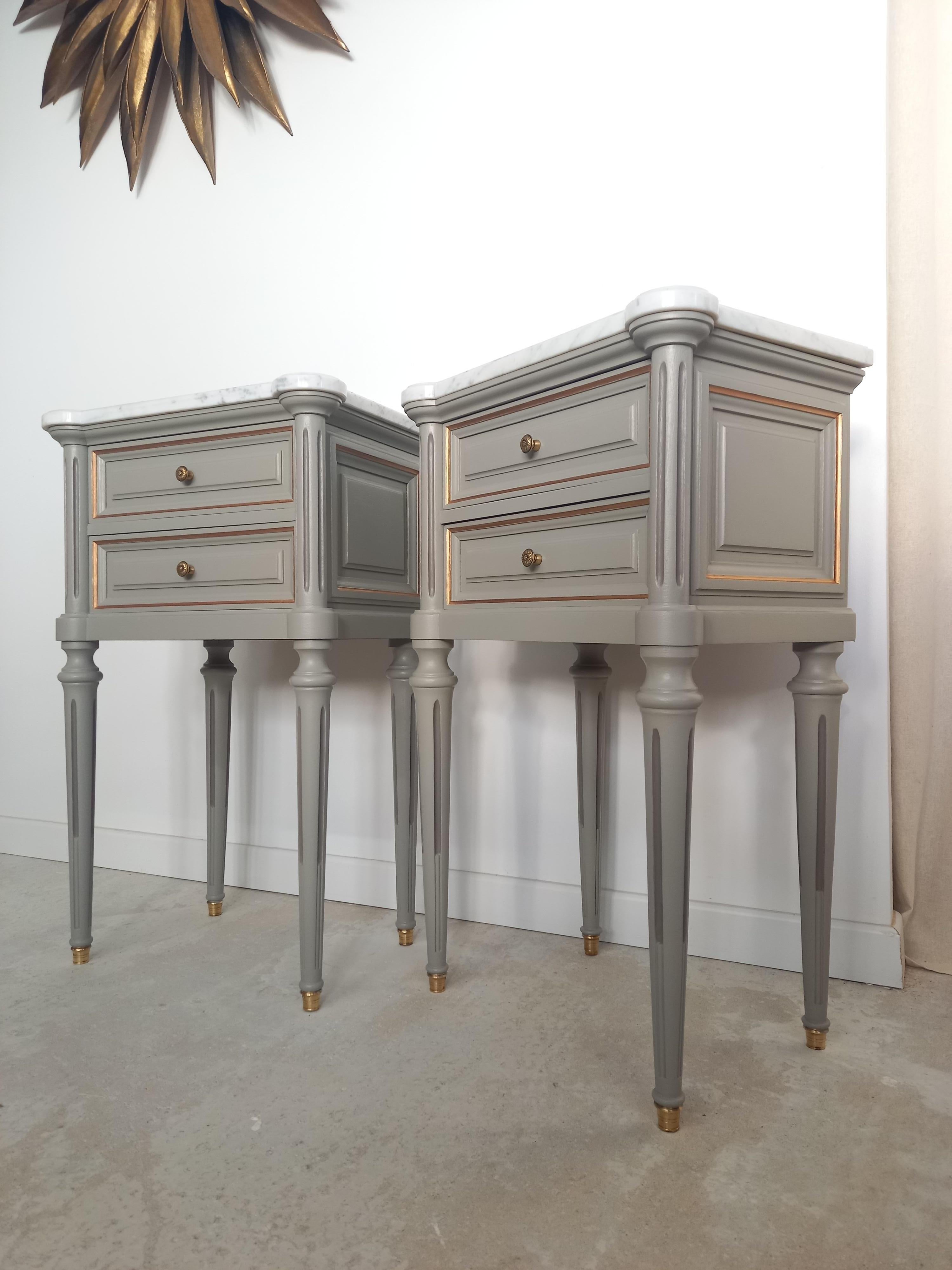 Pair of French Louis XVI Style Side Tables Nightstands Marble Top In Good Condition In Senonches, Centre-Val de Loire