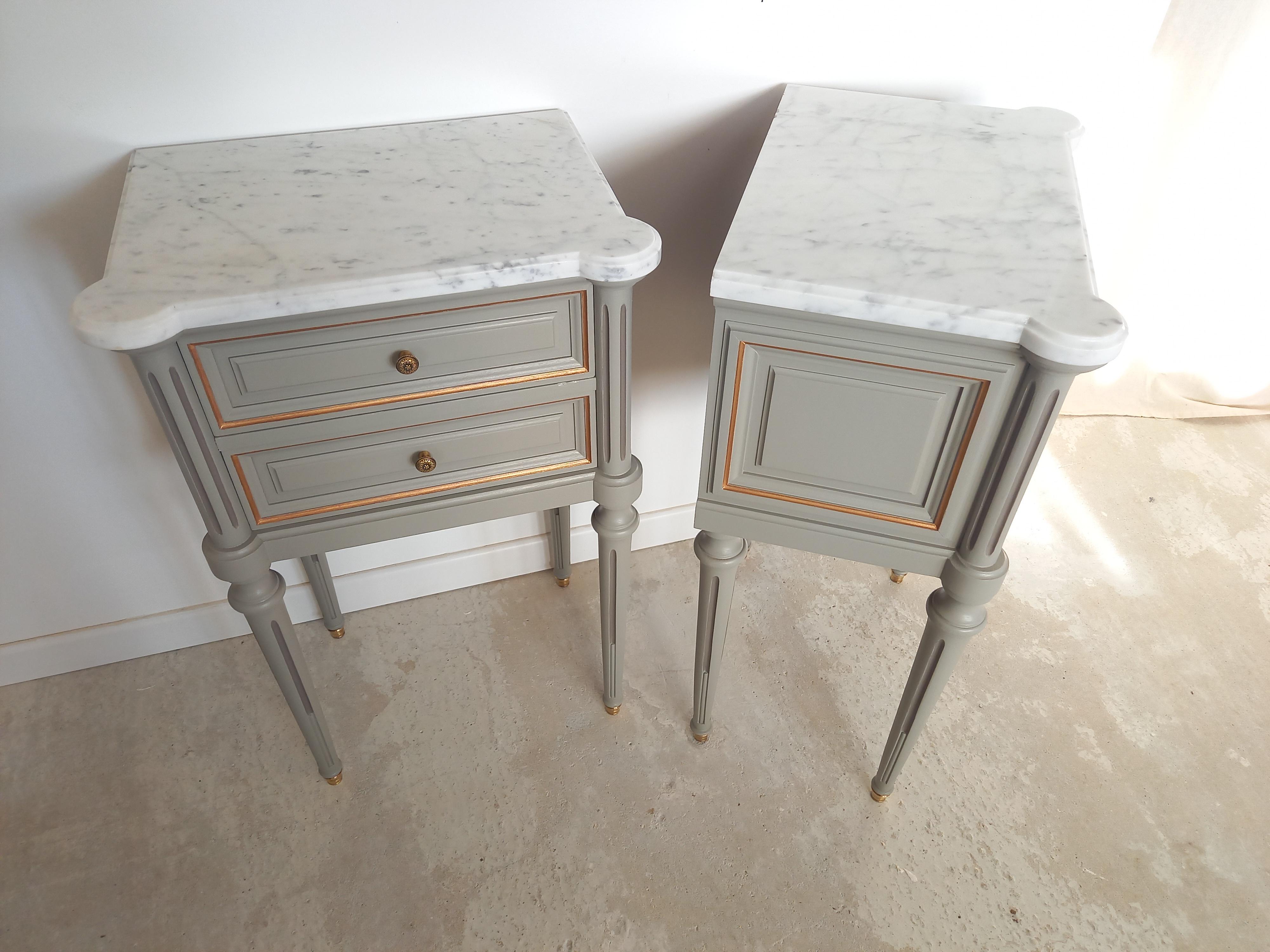 Pair of French Louis XVI Style Side Tables Nightstands Marble Top 2