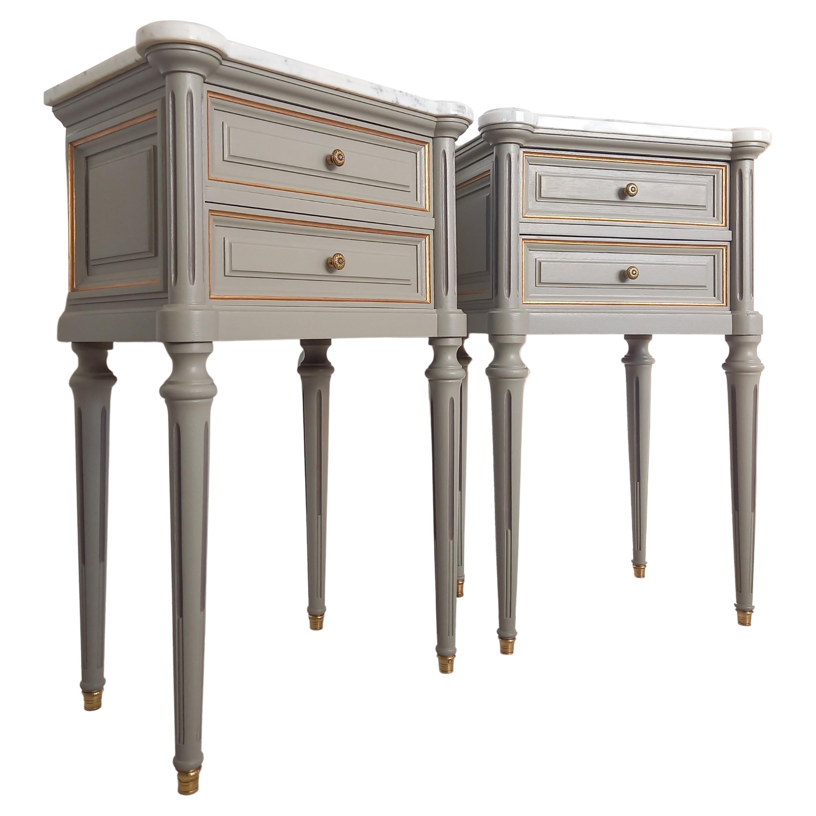 Pair of French Louis XVI Style Side Tables Nightstands Marble Top