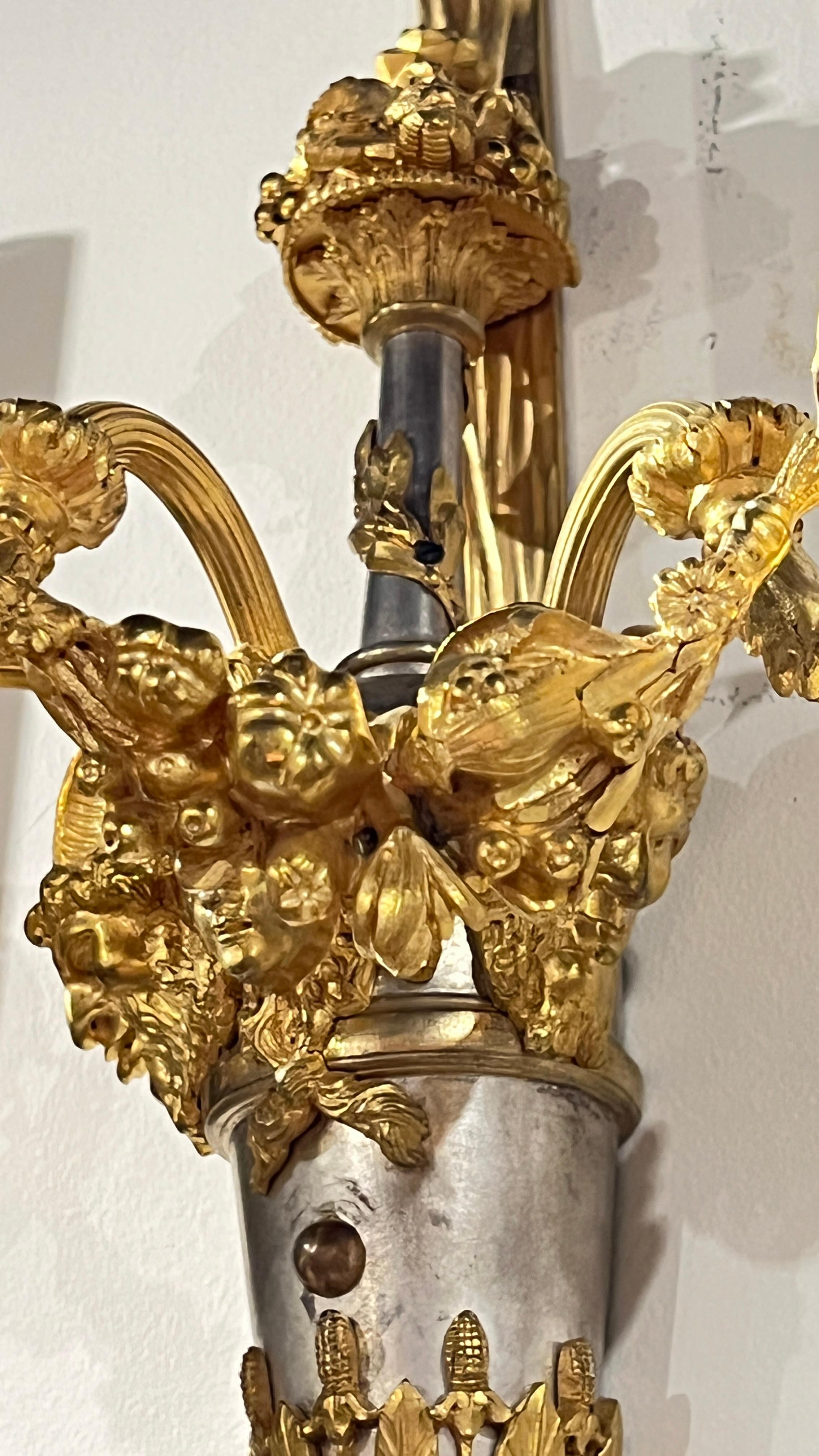 Pair of French Louis XVI Style Silver and Gilt Bronze Sconces For Sale 11