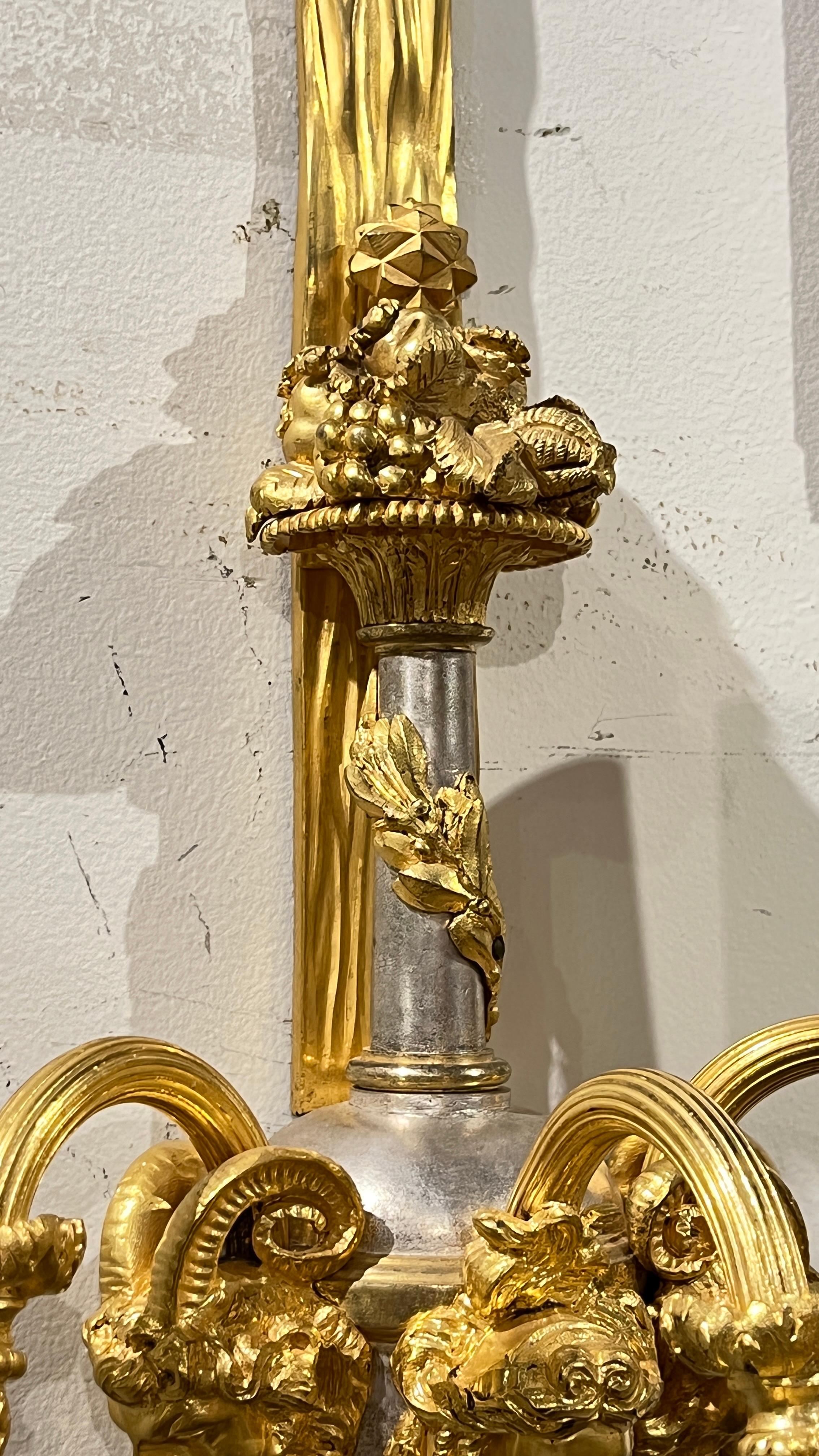 Pair of French Louis XVI Style Silver and Gilt Bronze Sconces For Sale 2