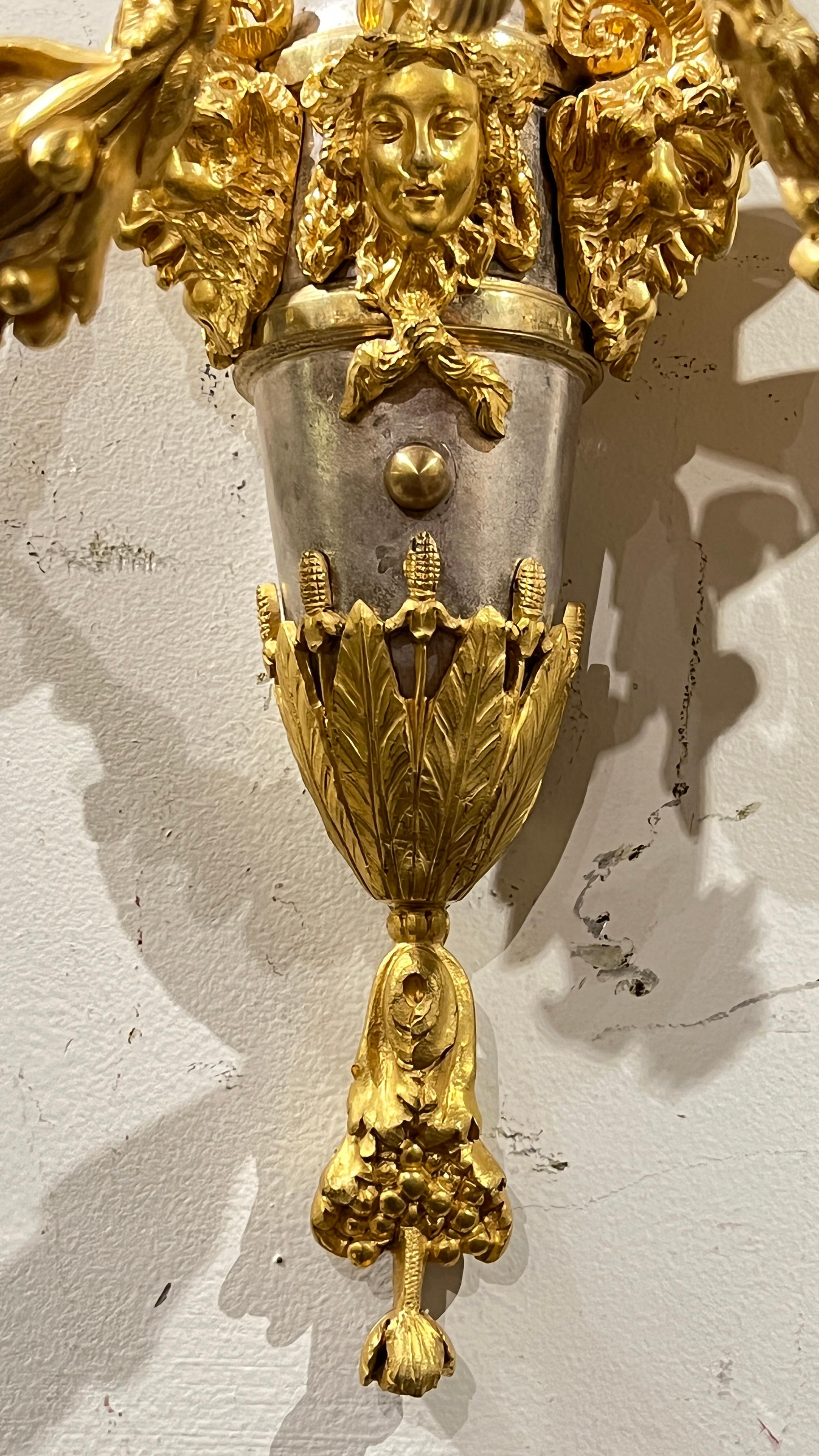 Pair of French Louis XVI Style Silver and Gilt Bronze Sconces For Sale 5