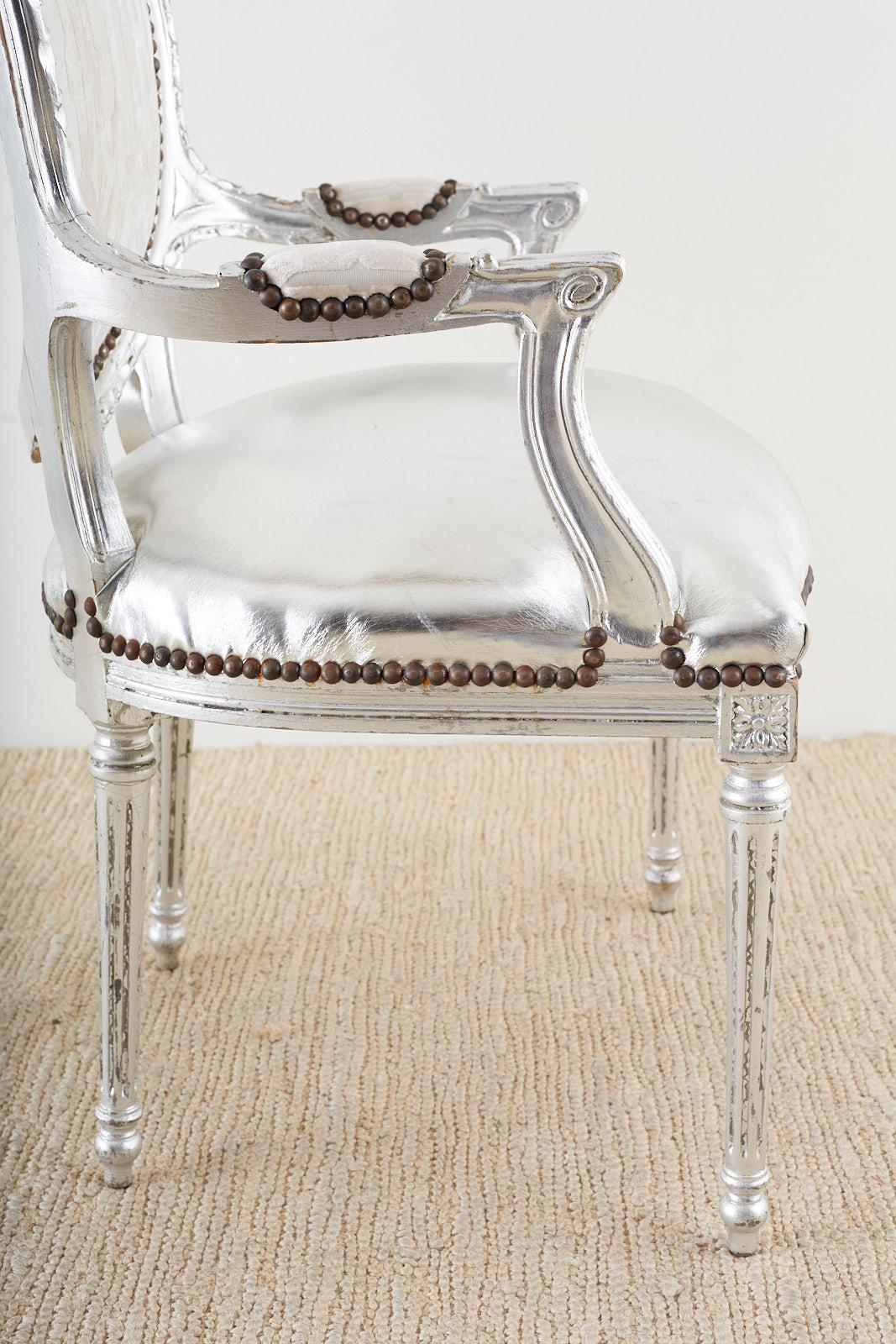 Pair of French Louis XVI Style Silver Leaf Metallic Armchairs For Sale 6