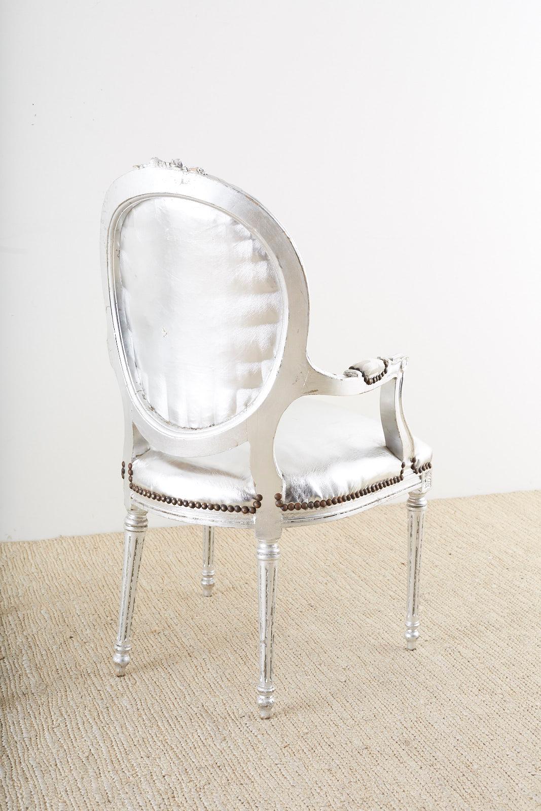 Pair of French Louis XVI Style Silver Leaf Metallic Armchairs For Sale 10