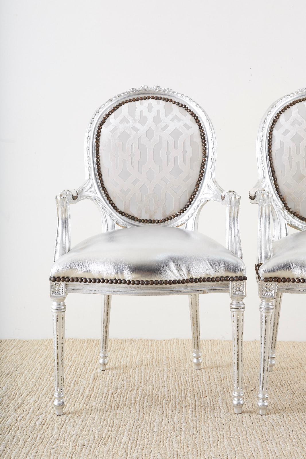 Hand-Carved Pair of French Louis XVI Style Silver Leaf Metallic Armchairs For Sale