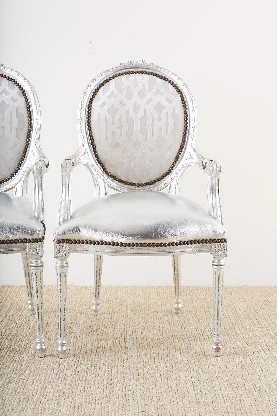 Pair of French Louis XVI Style Silver Leaf Metallic Armchairs In Good Condition For Sale In Rio Vista, CA