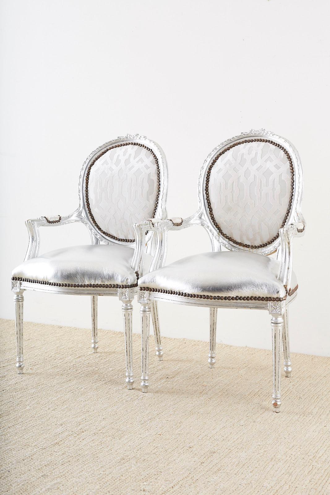 20th Century Pair of French Louis XVI Style Silver Leaf Metallic Armchairs For Sale