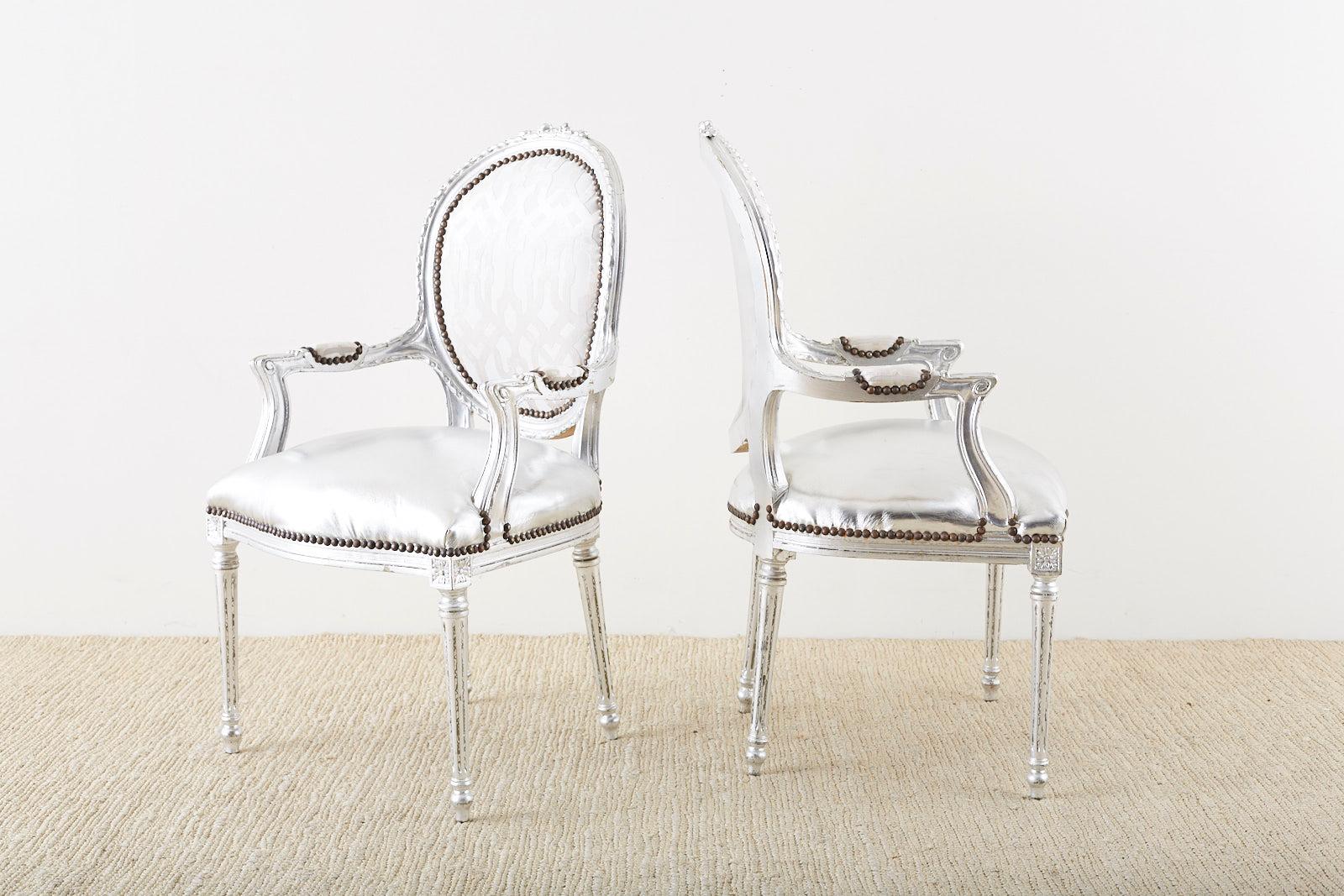 Pair of French Louis XVI Style Silver Leaf Metallic Armchairs For Sale 2