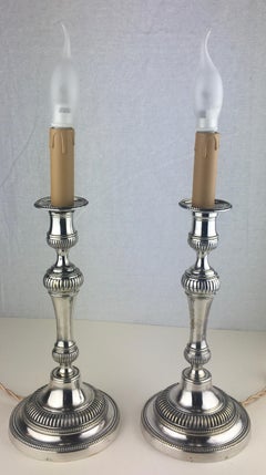 Pair of French Louis XVI Style Silver Plated Electrified Candlestick Table Lamps