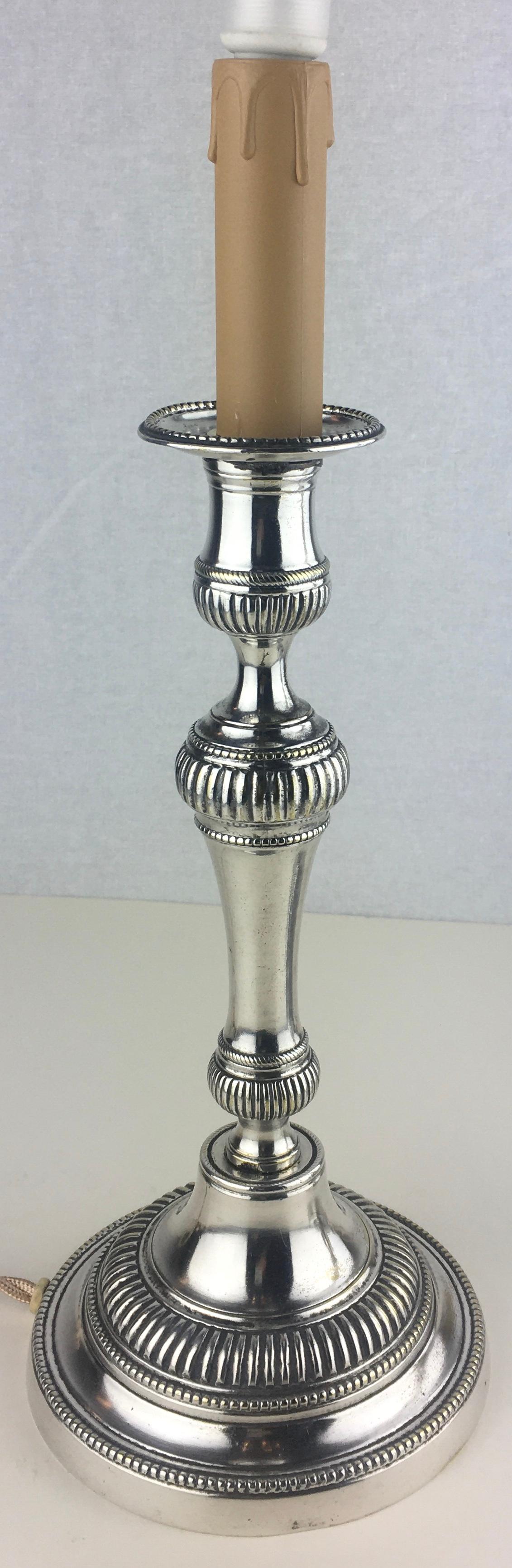 Pair of French Louis XVI Style Silver Plated Electrified Candlestick Table Lamps In Good Condition In Miami, FL