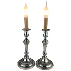 Pair of French Louis XVI Style Silver Plated Electrified Candlestick Table Lamps