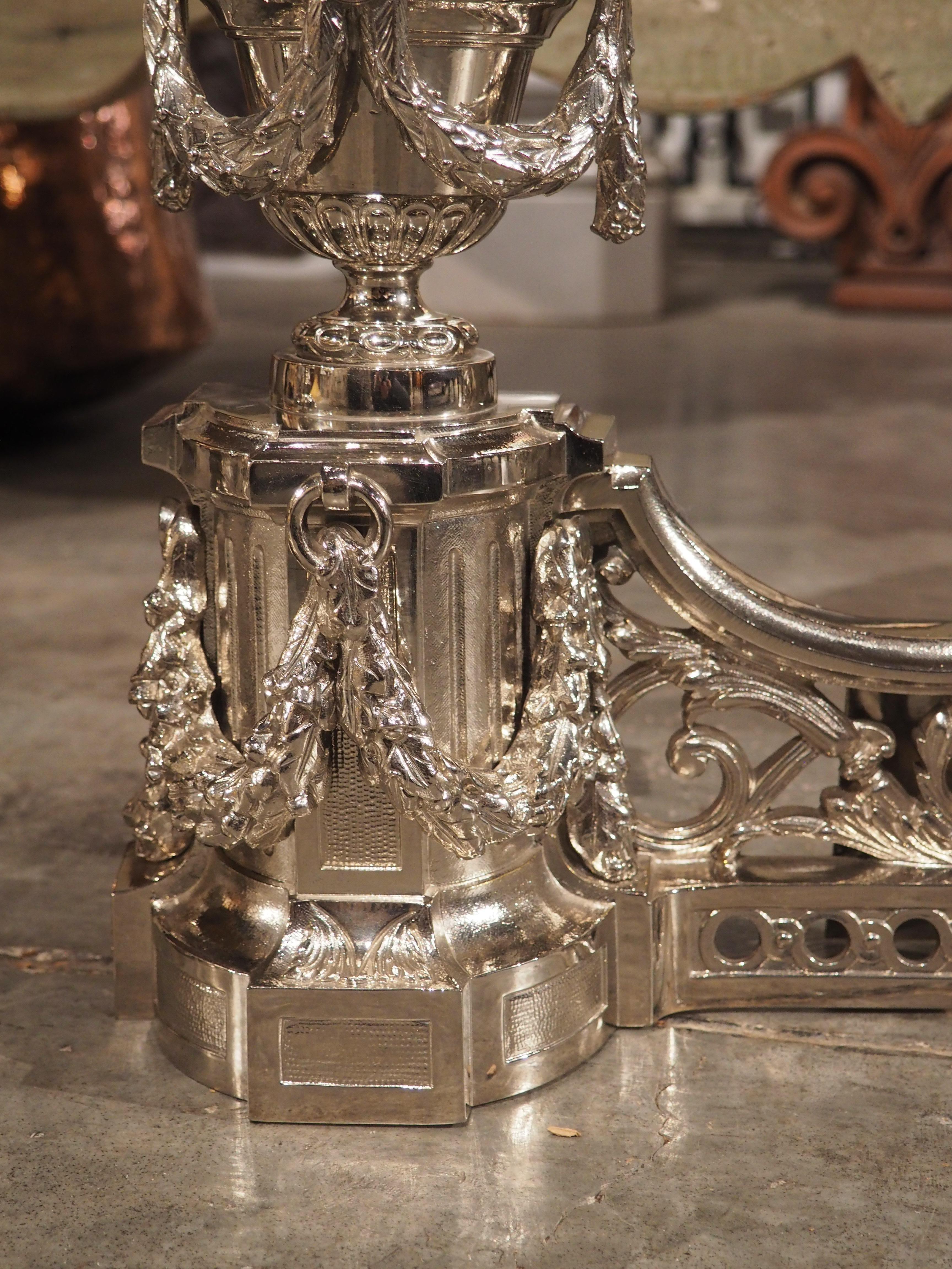 Pair of French Louis XVI Style Silvered Bronze Chenets, circa 1900 For Sale 6