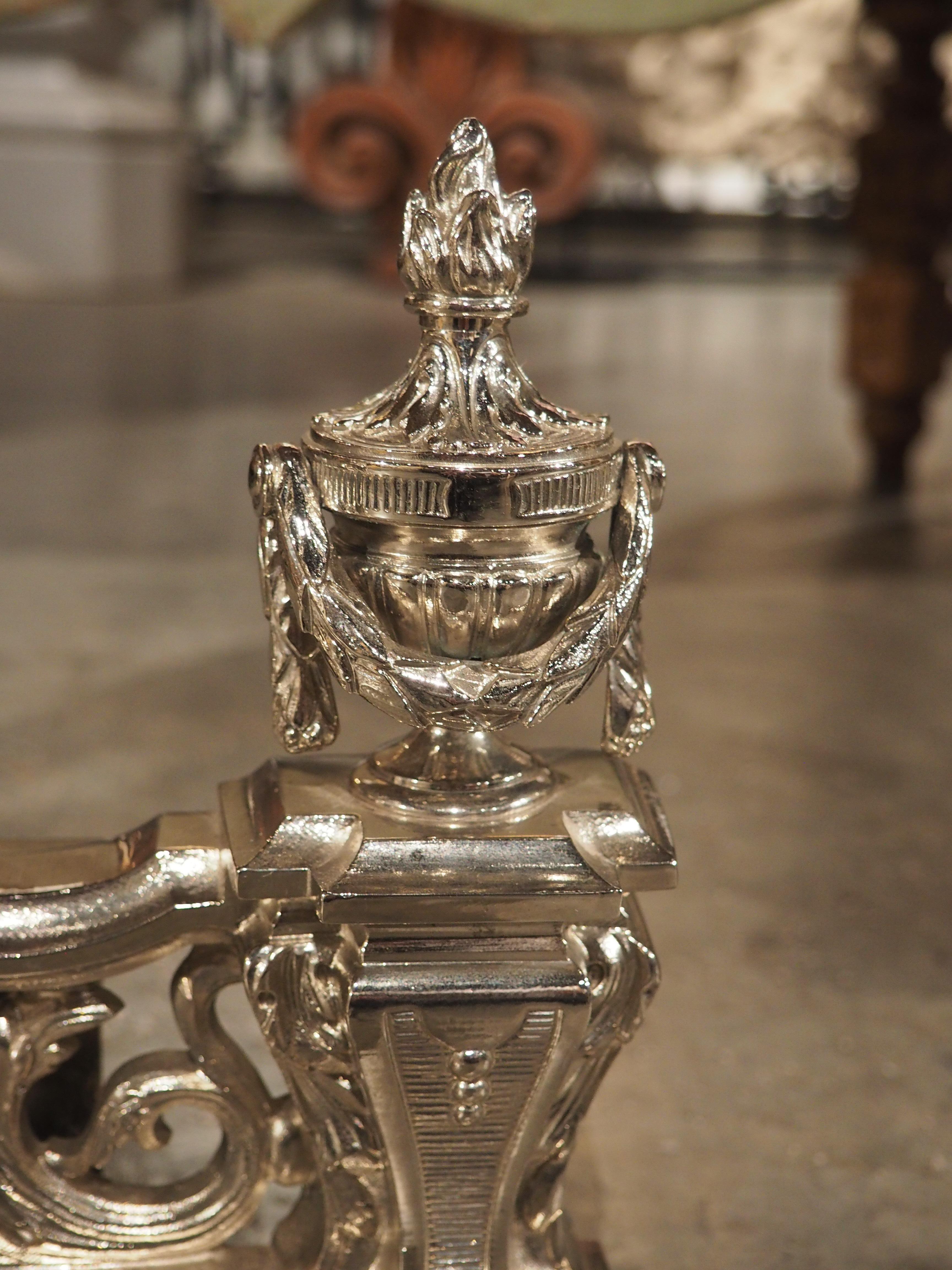 Pair of French Louis XVI Style Silvered Bronze Chenets, circa 1900 For Sale 7