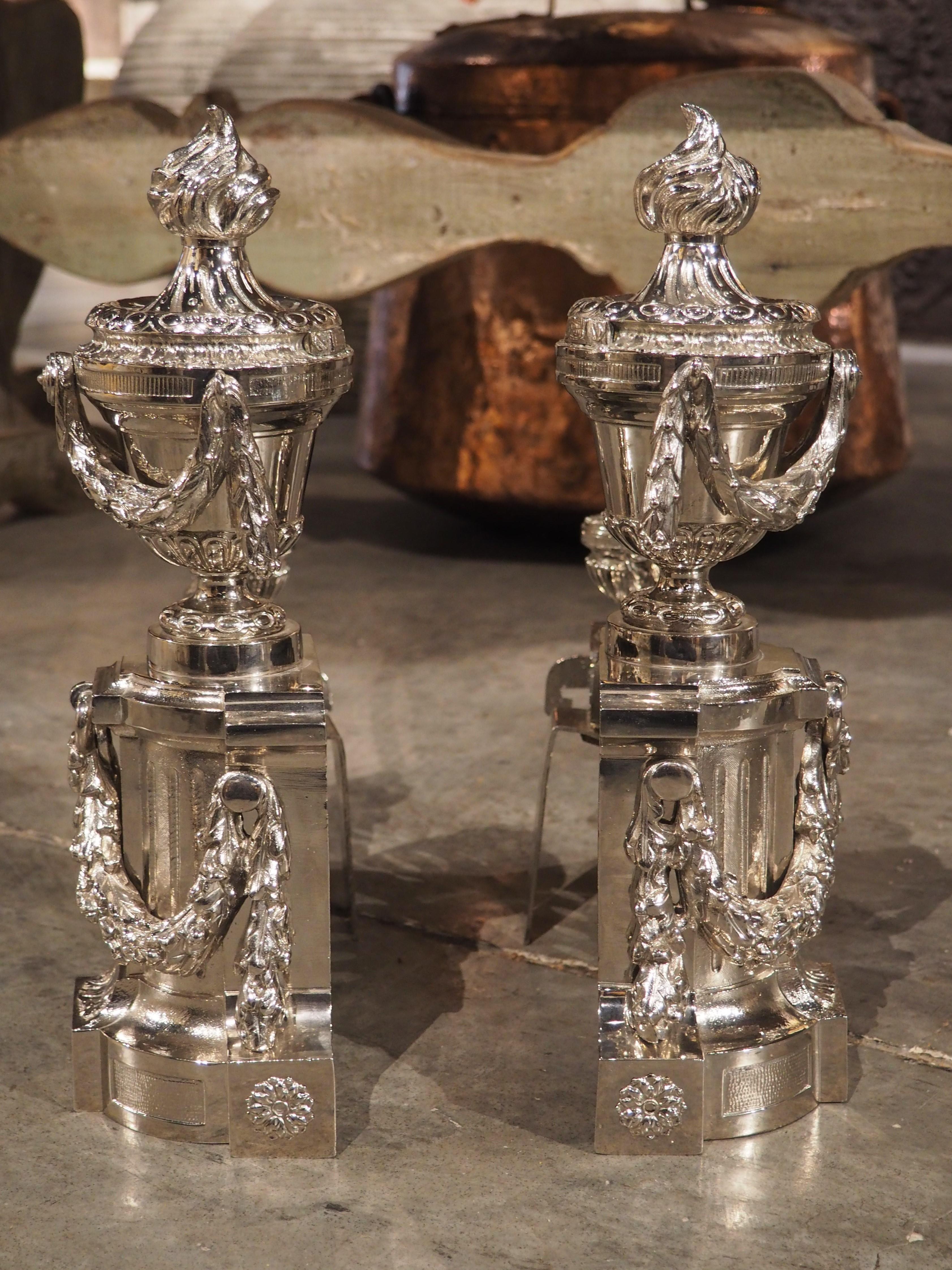Pair of French Louis XVI Style Silvered Bronze Chenets, circa 1900 For Sale 9
