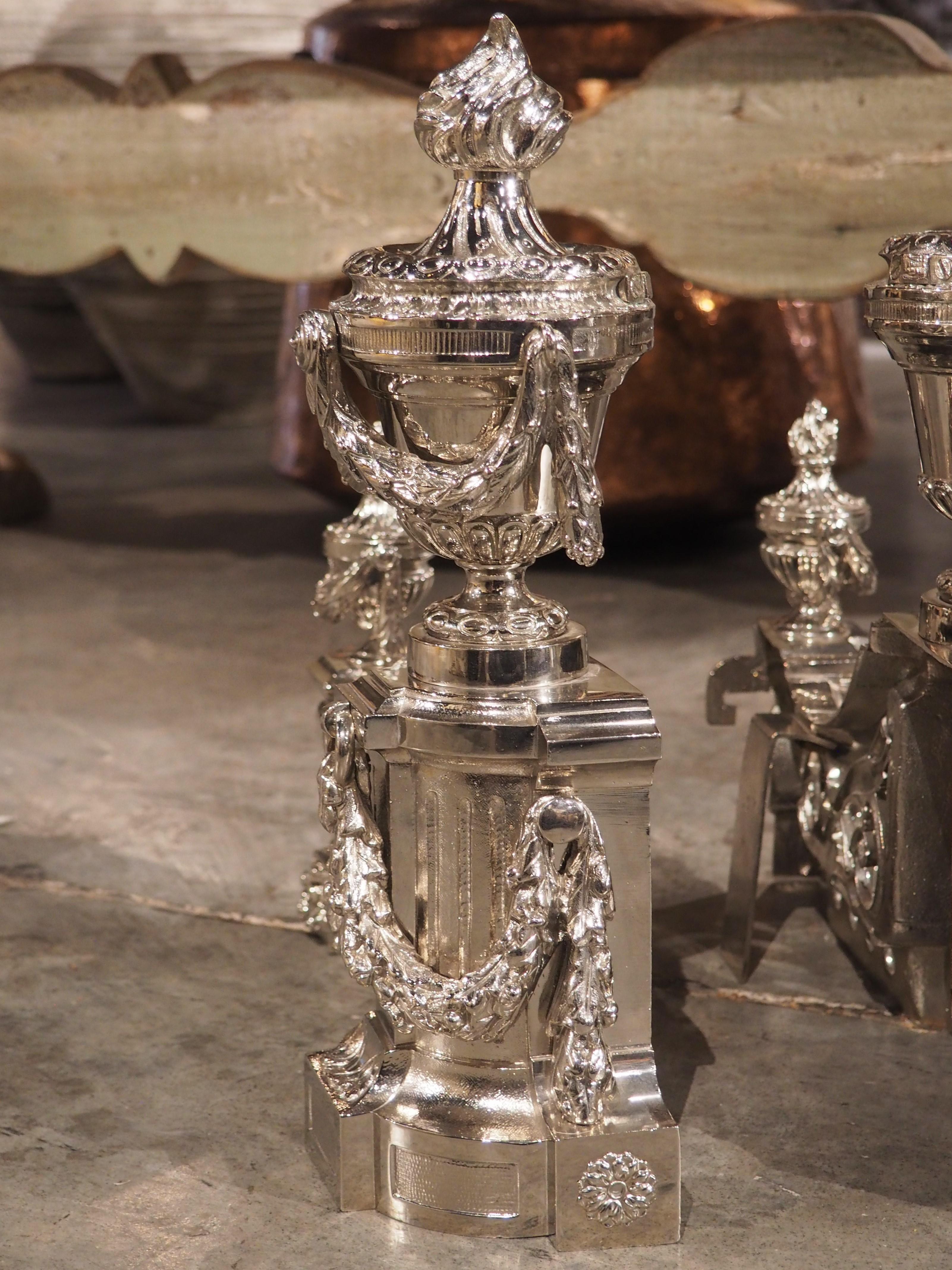 Pair of French Louis XVI Style Silvered Bronze Chenets, circa 1900 For Sale 10