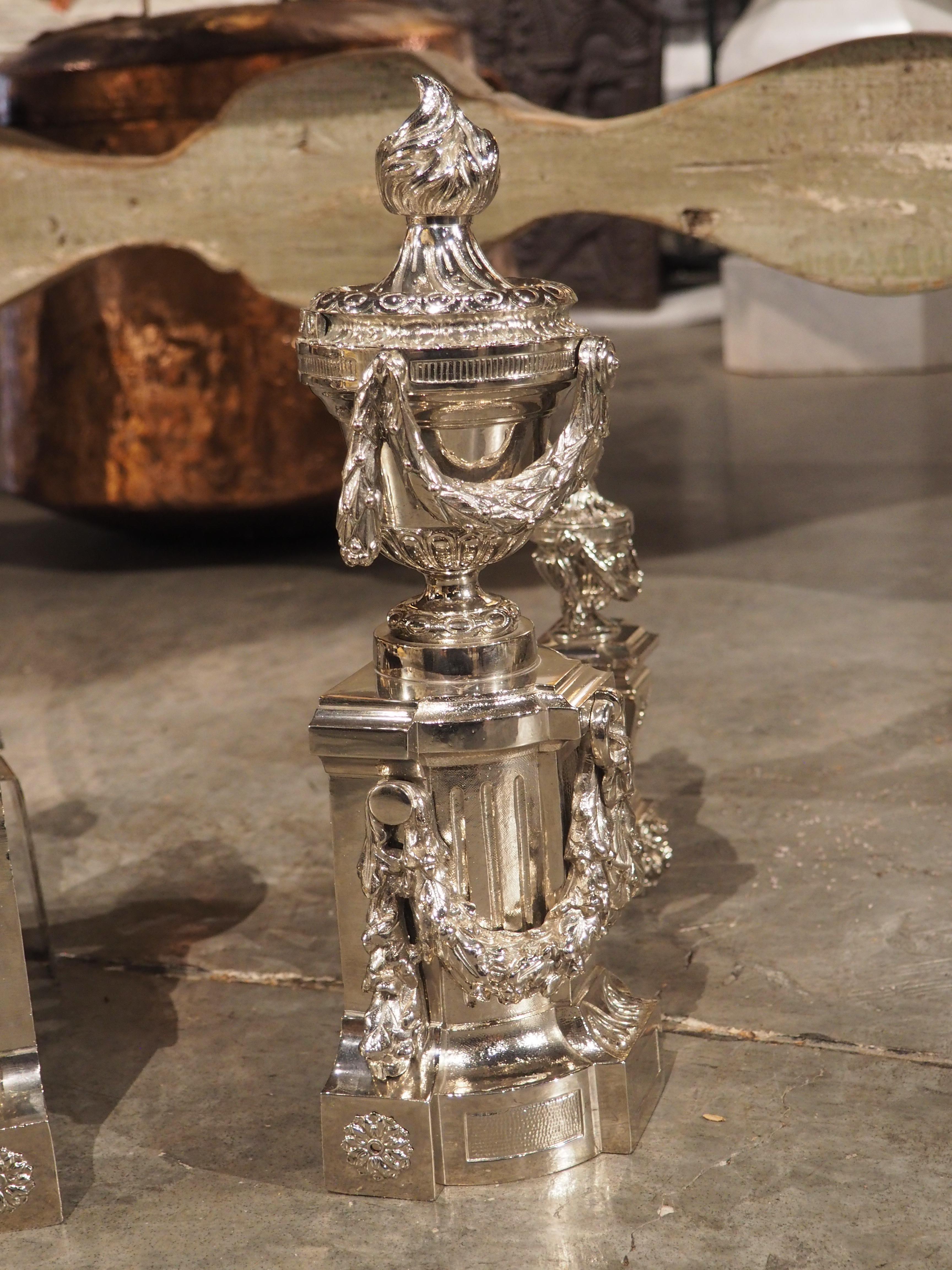 Pair of French Louis XVI Style Silvered Bronze Chenets, circa 1900 For Sale 11