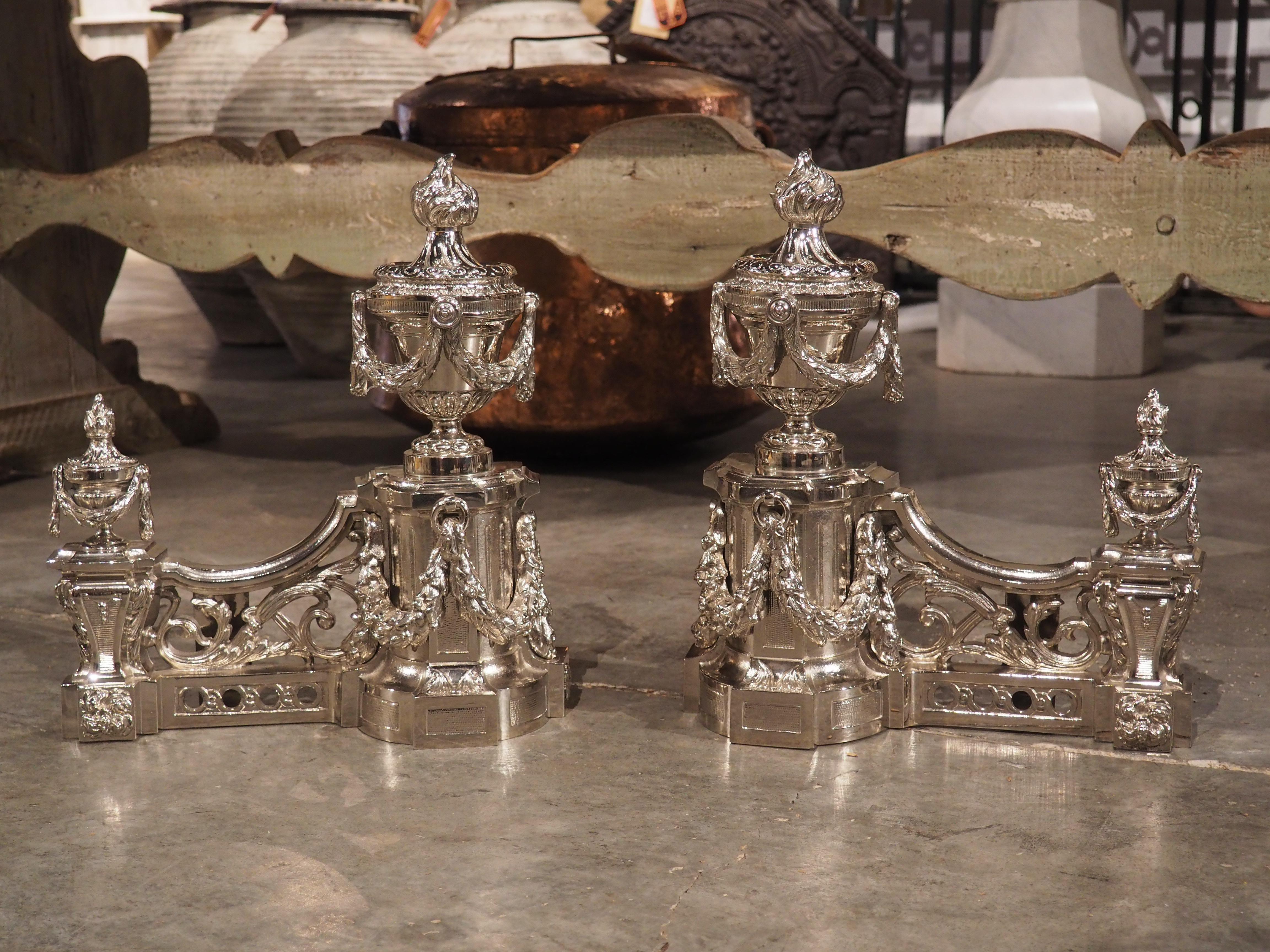 Pair of French Louis XVI Style Silvered Bronze Chenets, circa 1900 For Sale 14