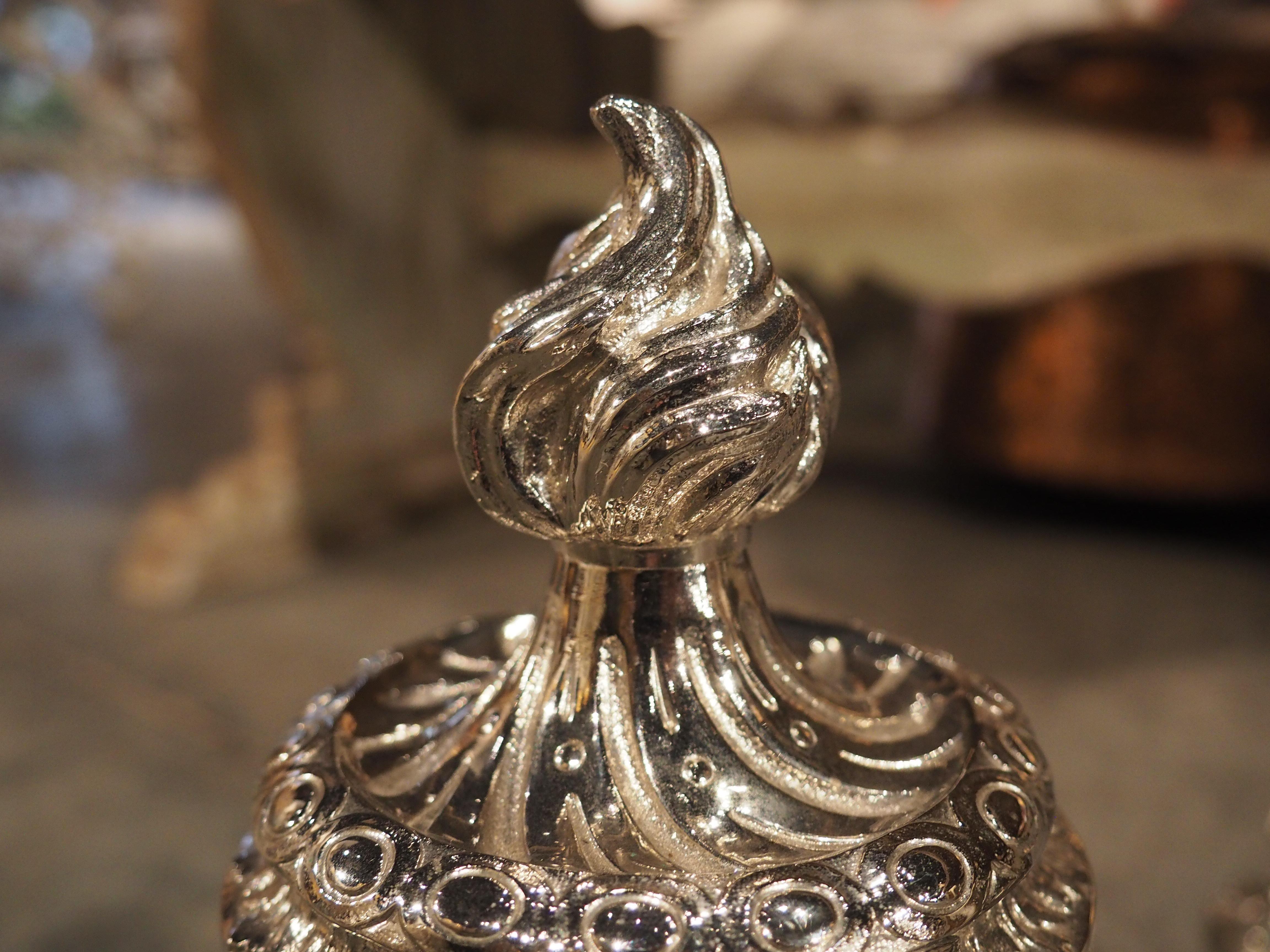 Cette paire de chenets en bronze argenté brillant provient de France (vers 1900) et est de style Louis XVI, comme en témoigne la présence de festons de feuilles de laurier et de fleurons en forme de pots au feu.  Ils étaient utilisés dans les