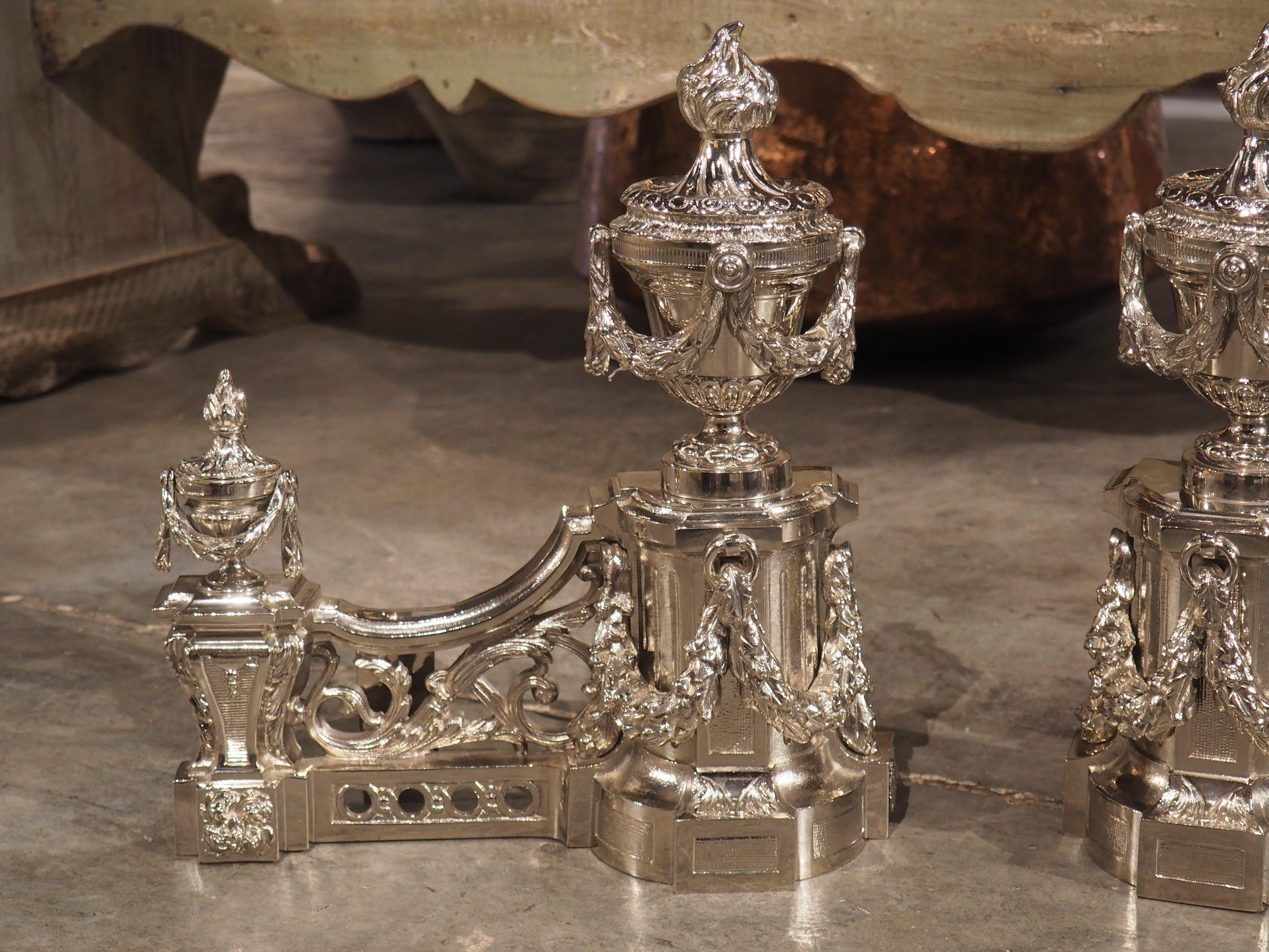 Pair of French Louis XVI Style Silvered Bronze Chenets, circa 1900 For Sale 1