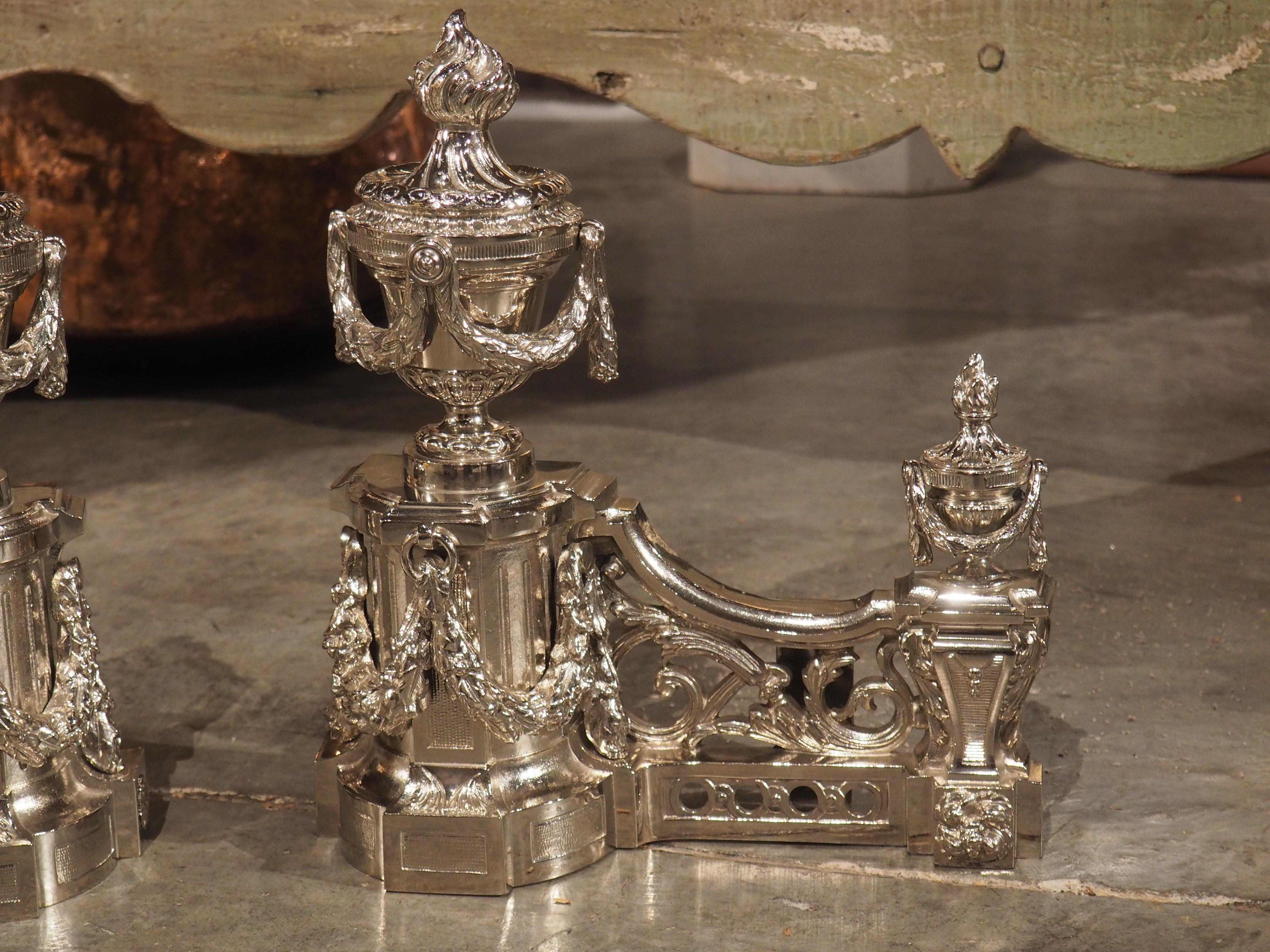 Pair of French Louis XVI Style Silvered Bronze Chenets, circa 1900 For Sale 2