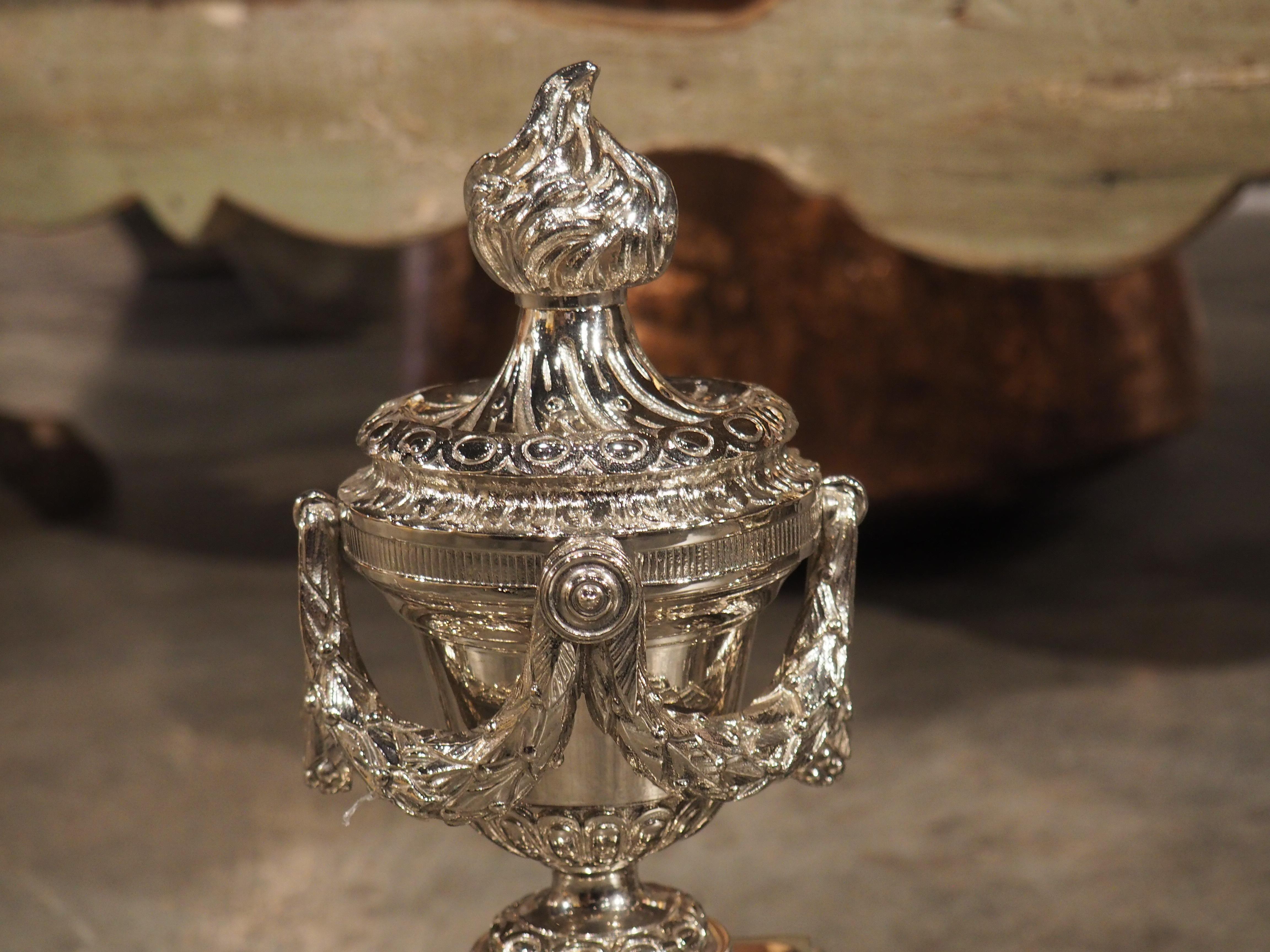 Pair of French Louis XVI Style Silvered Bronze Chenets, circa 1900 For Sale 3