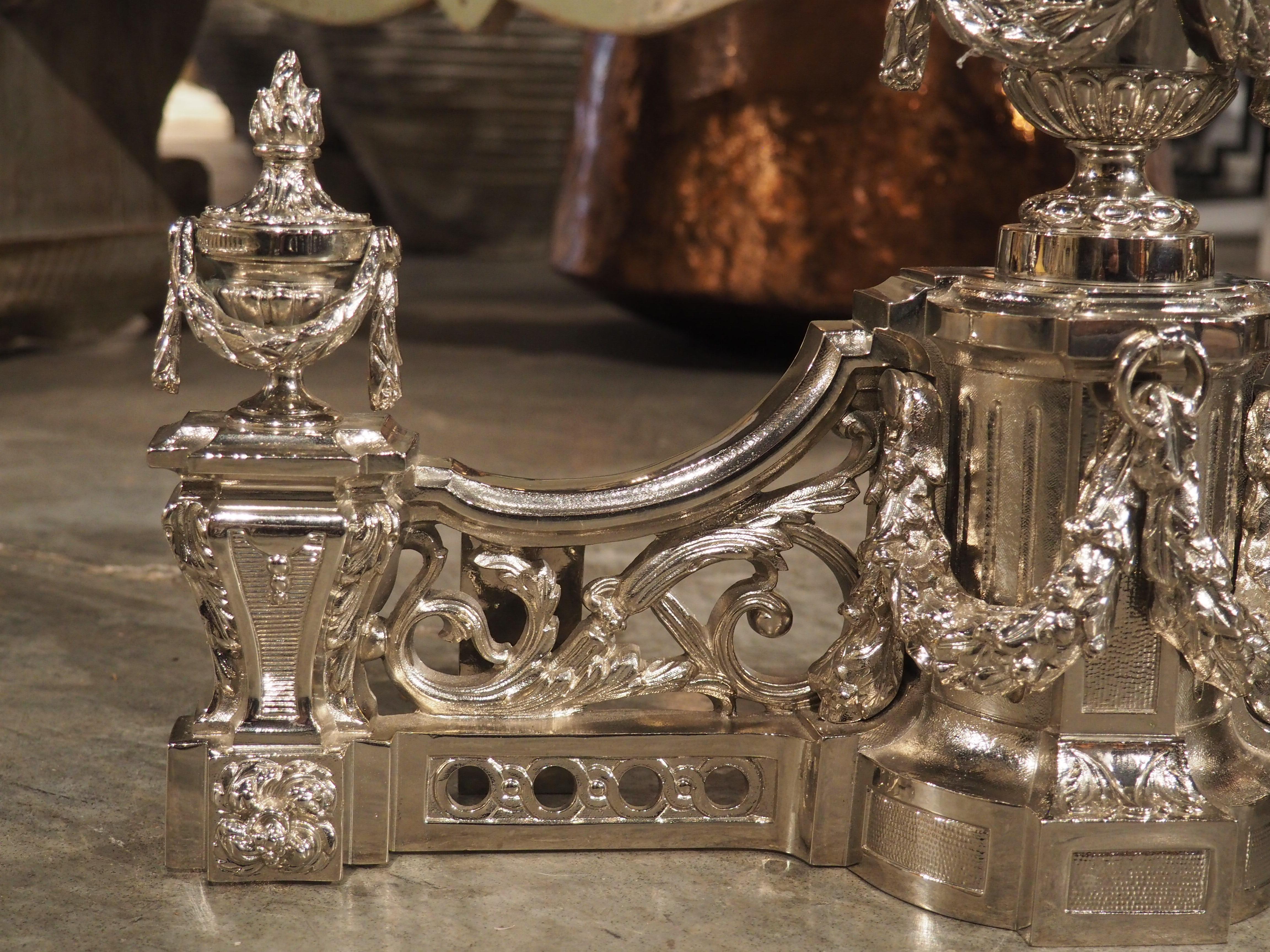 Pair of French Louis XVI Style Silvered Bronze Chenets, circa 1900 For Sale 4