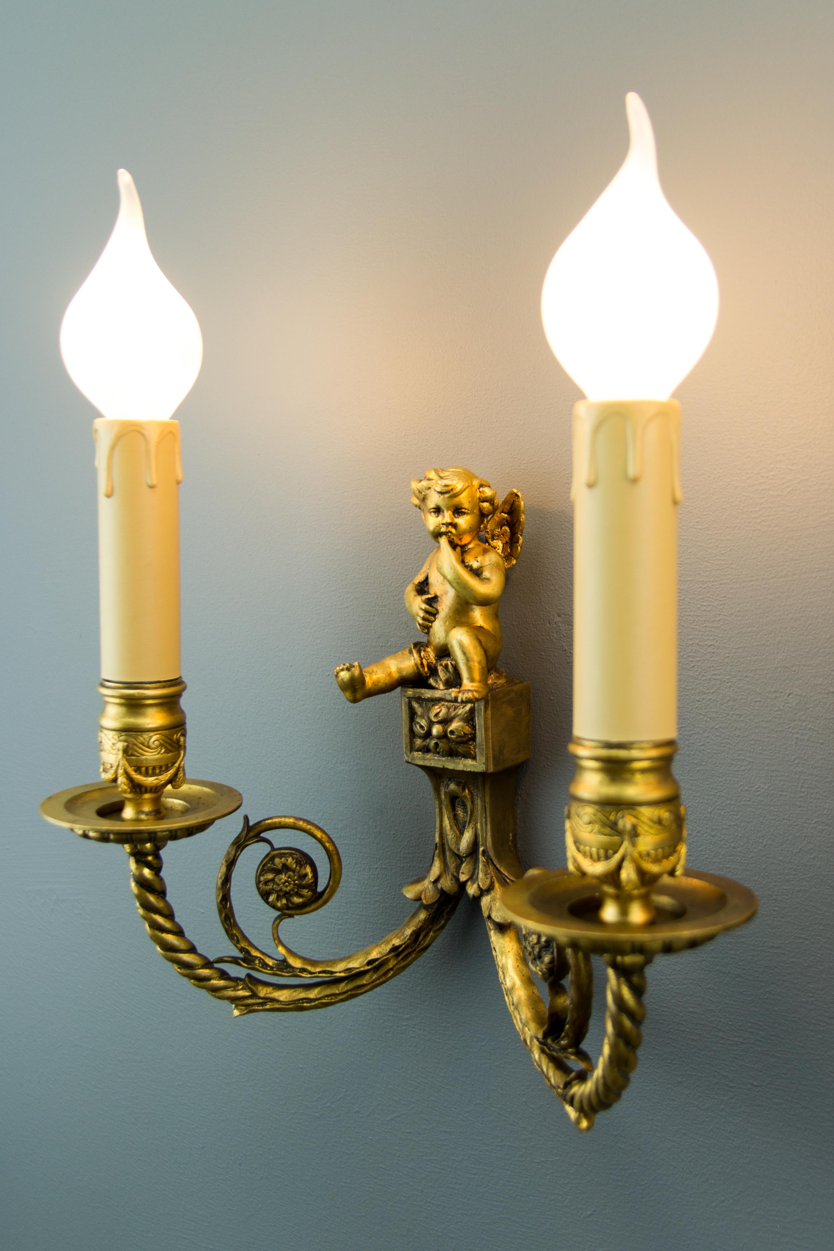 Pair of French Louis XVI Style Twin Arm Bronze Cherub Wall Lights or Sconces 8