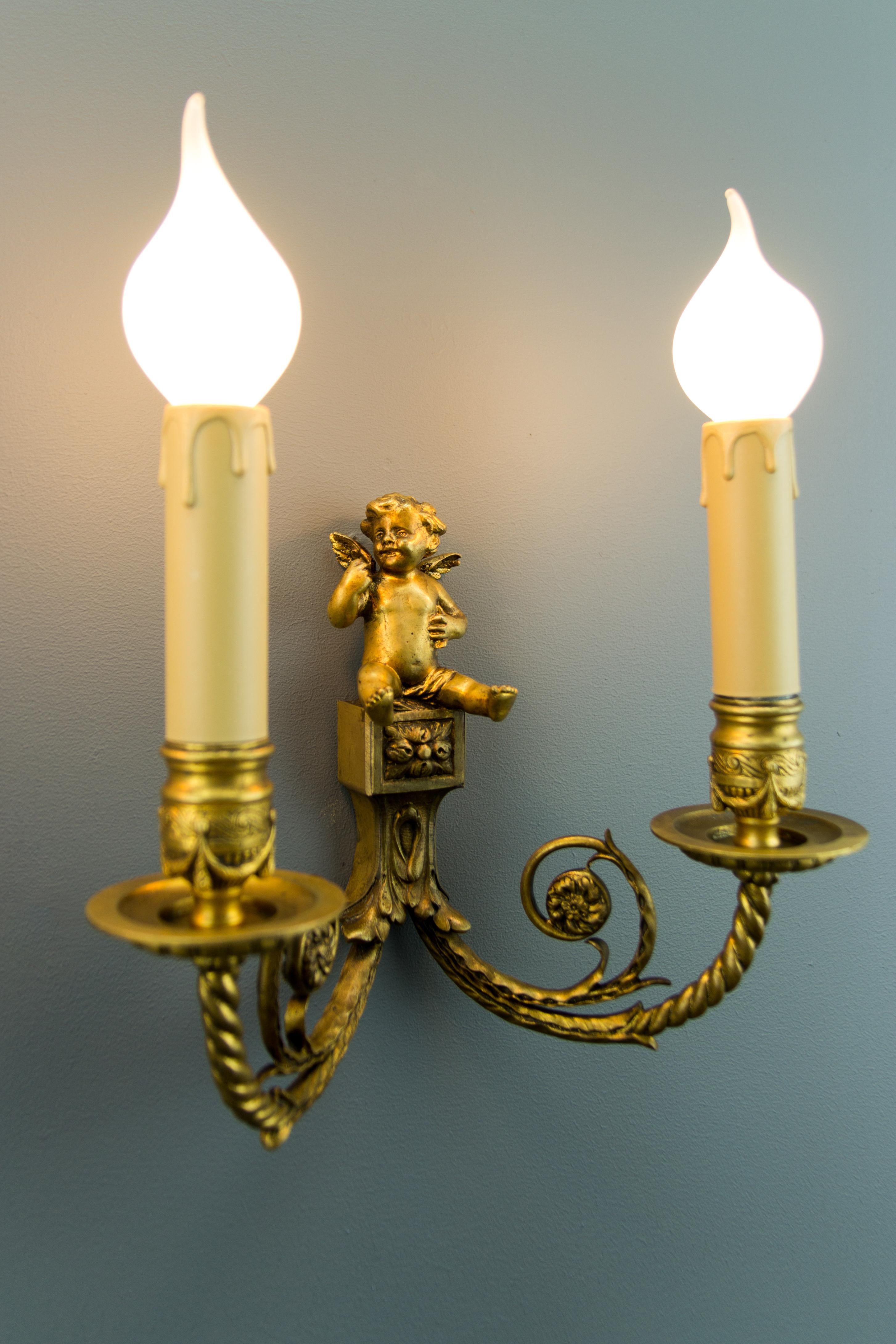 Pair of French Louis XVI Style Twin Arm Bronze Cherub Wall Lights or Sconces 9