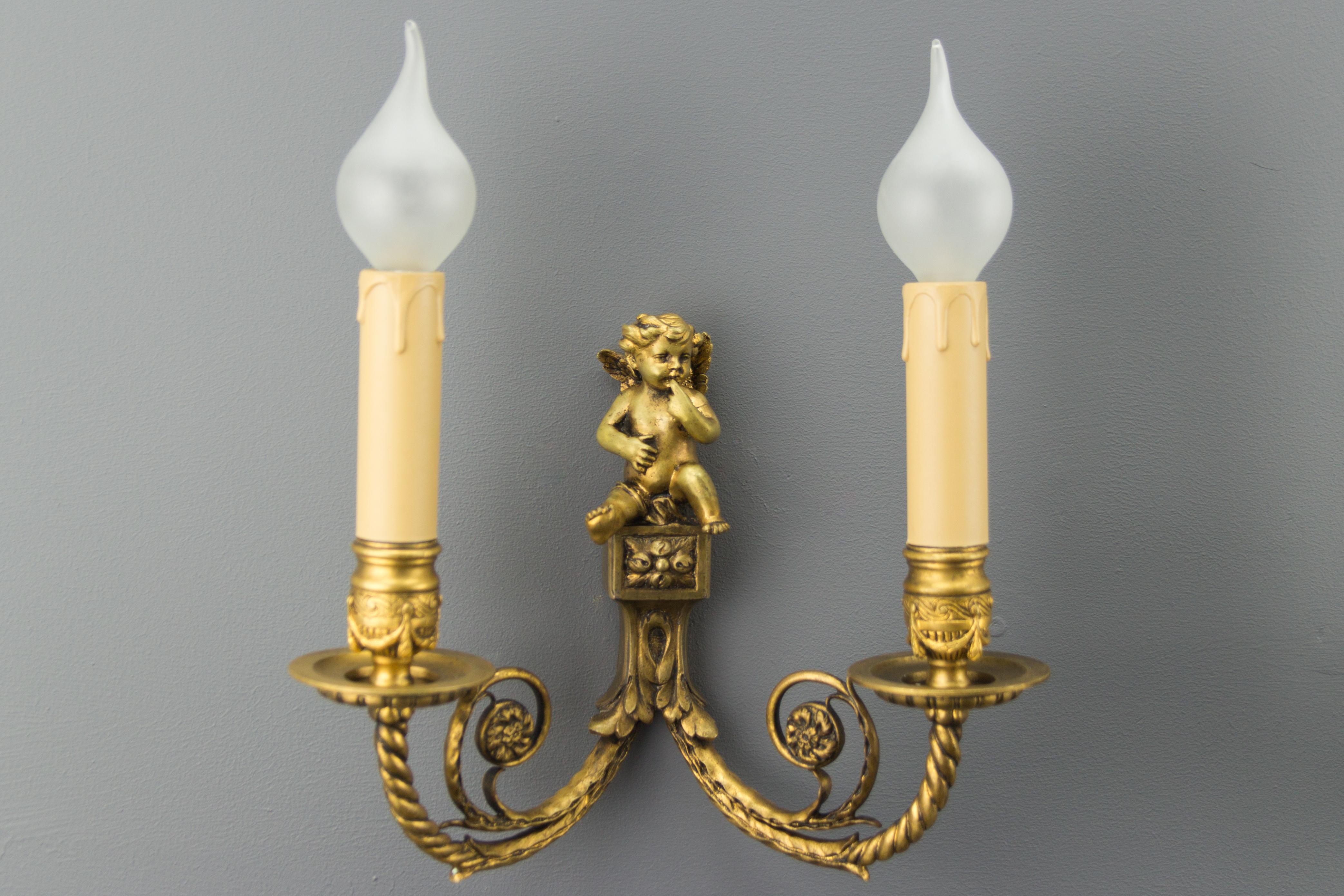 Pair of French Louis XVI Style Twin Arm Bronze Cherub Wall Lights or Sconces 2