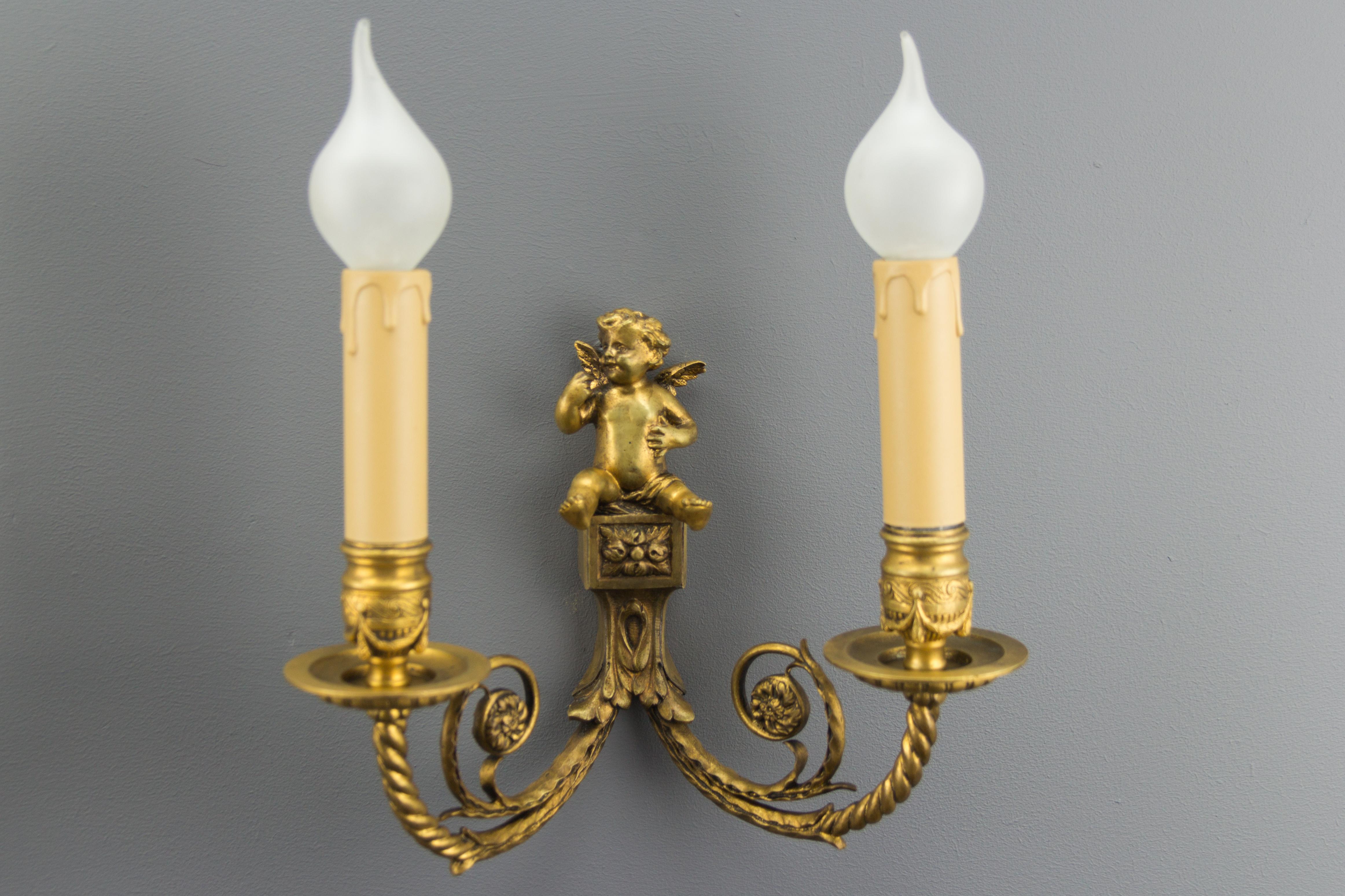 Pair of French Louis XVI Style Twin Arm Bronze Cherub Wall Lights or Sconces 5