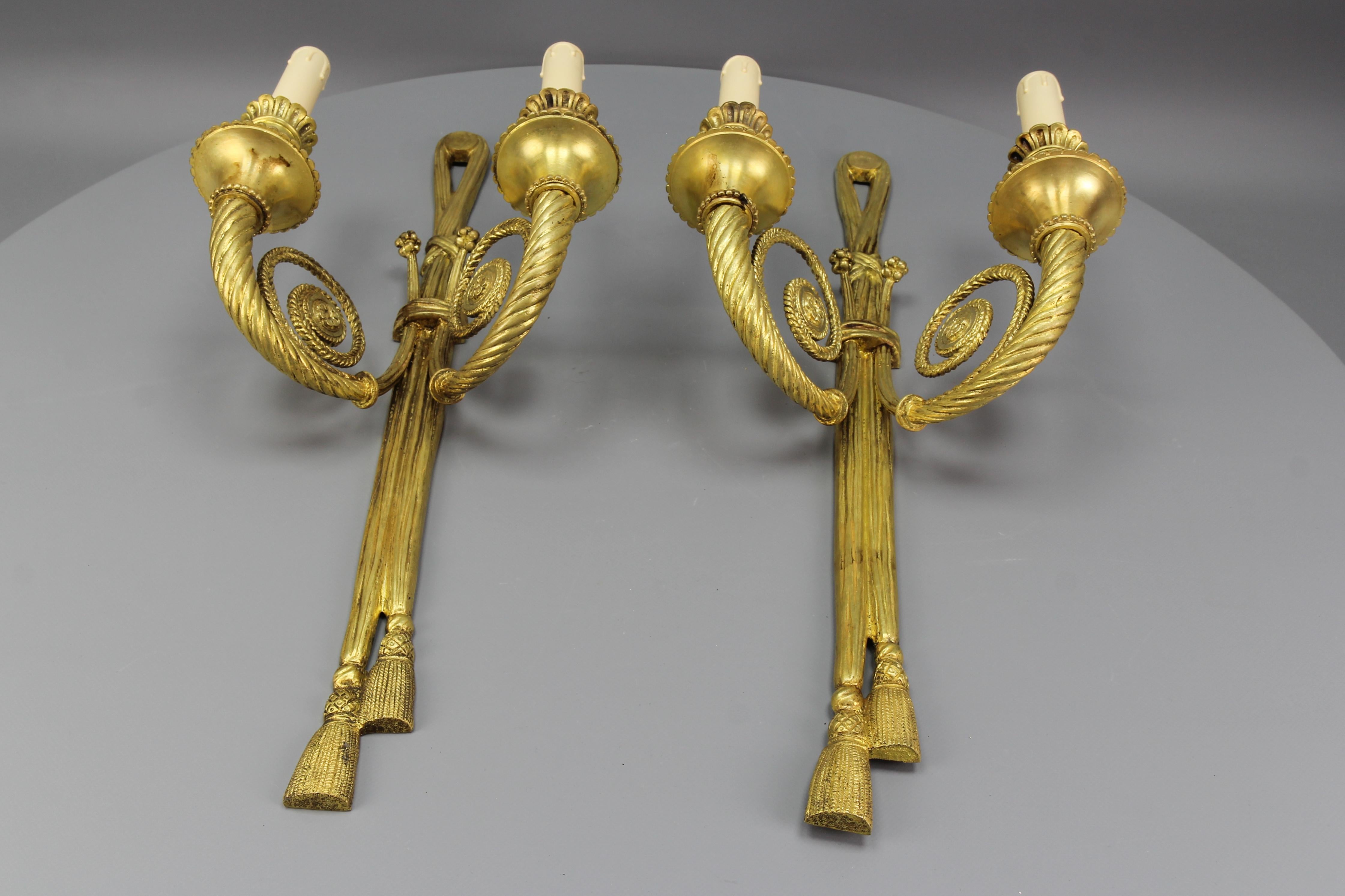 Pair of French Louis XVI Style Two-Arm Ribbon, Knot and Tassel Sconces, ca. 1910 For Sale 6