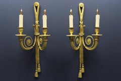 Pair of French Louis XVI Style Two-Arm Ribbon, Knot and Tassel Sconces, ca. 1910