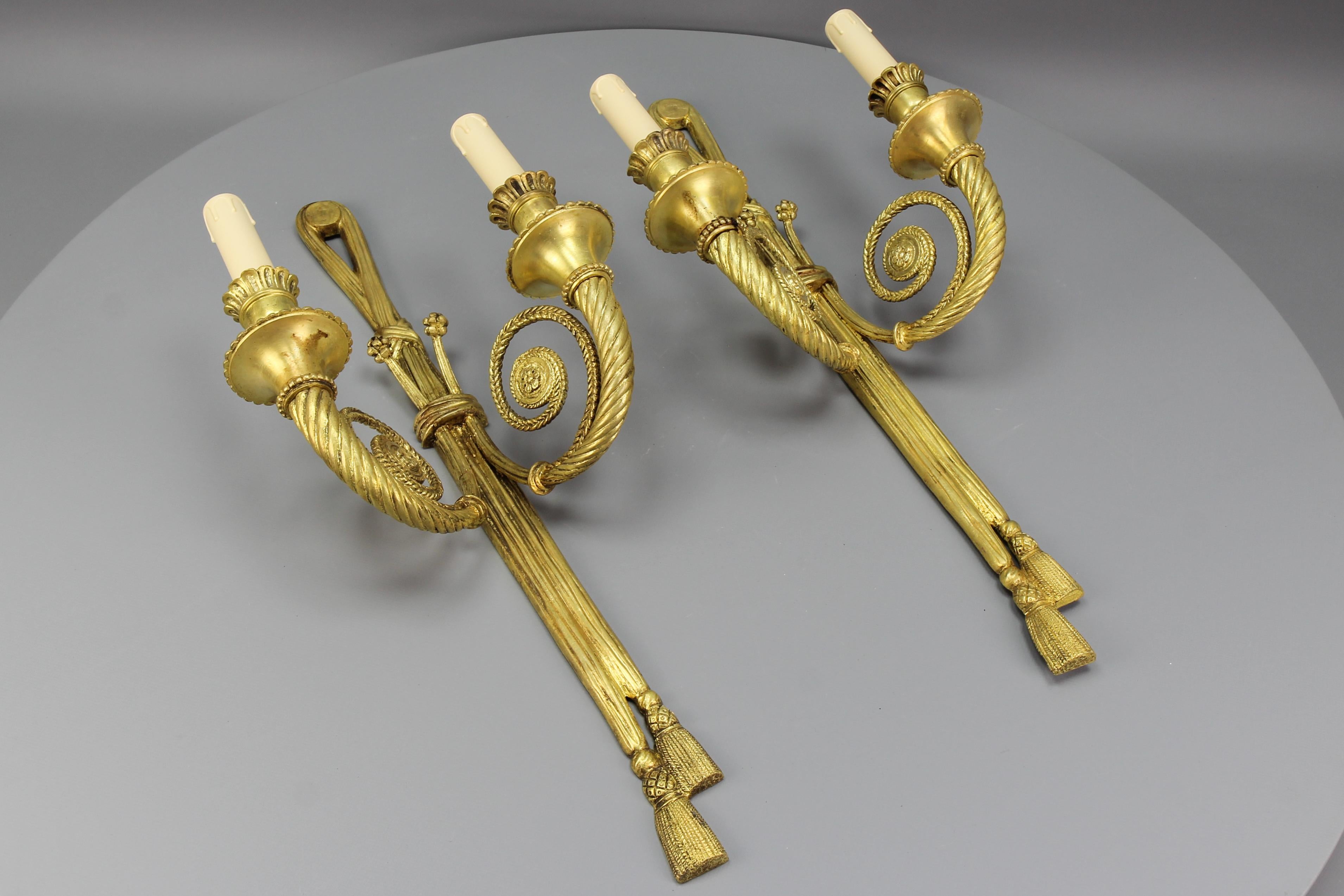 Pair of French Louis XVI Style Two-Arm Ribbon, Knot and Tassel Sconces, ca. 1910 For Sale 1
