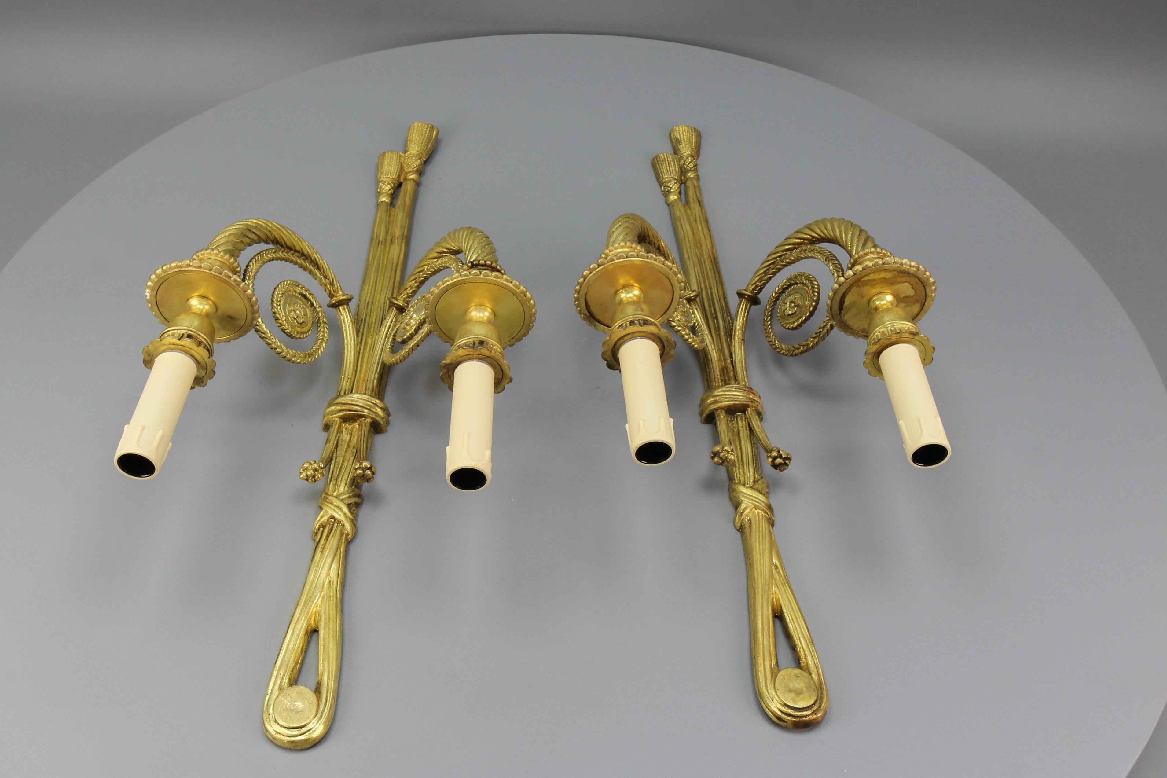 Pair of French Louis XVI Style Two-Arm Ribbon, Knot and Tassel Sconces, ca. 1910 For Sale 3