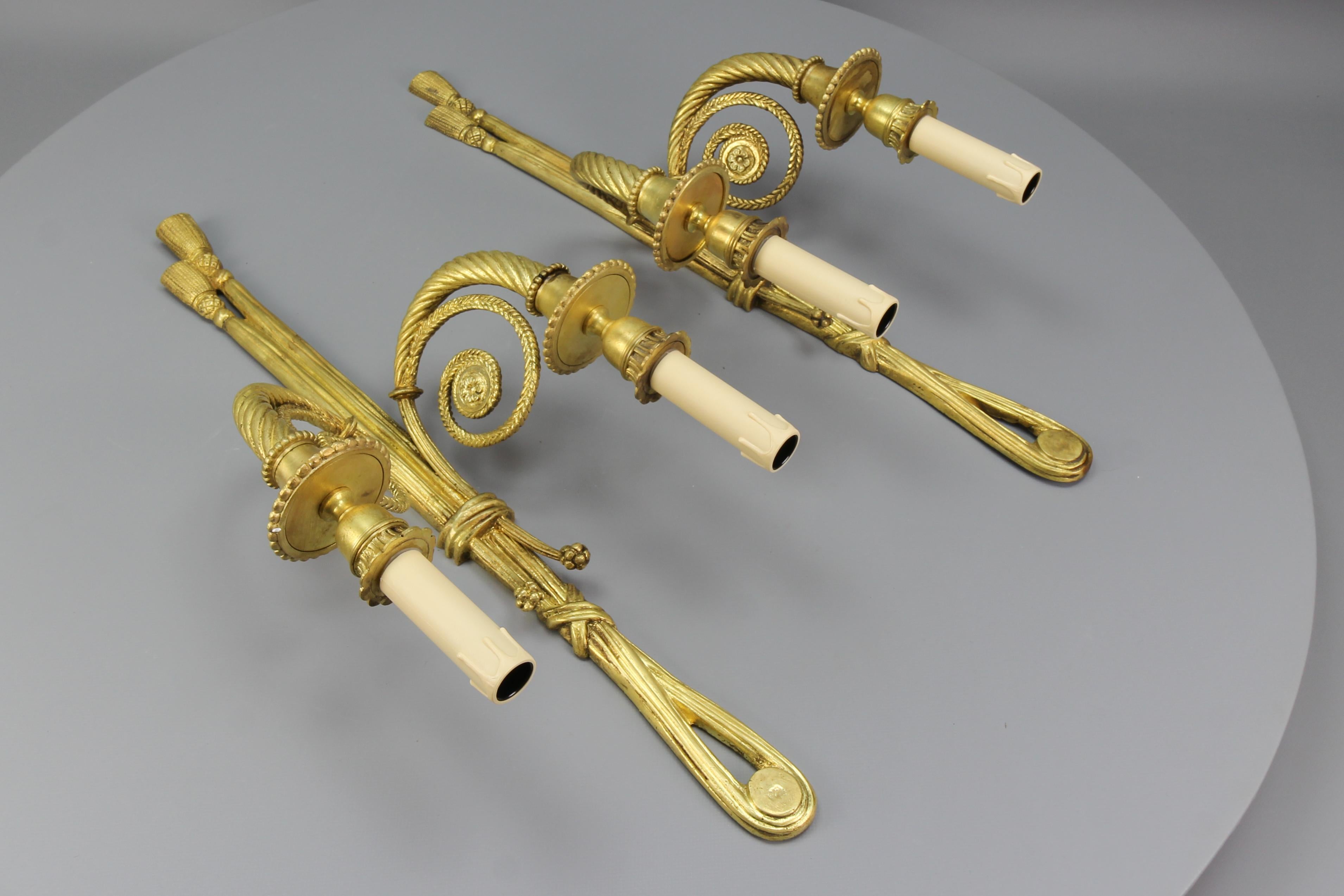 Pair of French Louis XVI Style Two-Arm Ribbon, Knot and Tassel Sconces, ca. 1910 For Sale 4