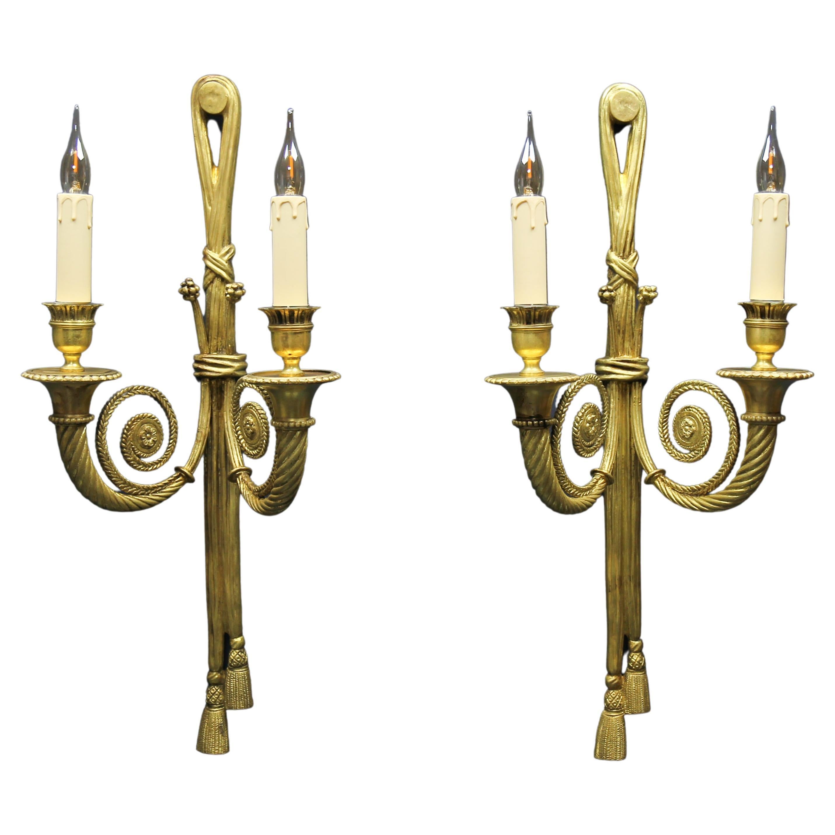 Pair of French Louis XVI Style Two-Arm Ribbon, Knot and Tassel Sconces, ca. 1910