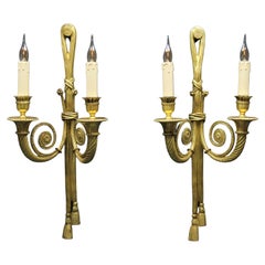 Antique Pair of French Louis XVI Style Two-Arm Ribbon, Knot and Tassel Sconces, ca. 1910