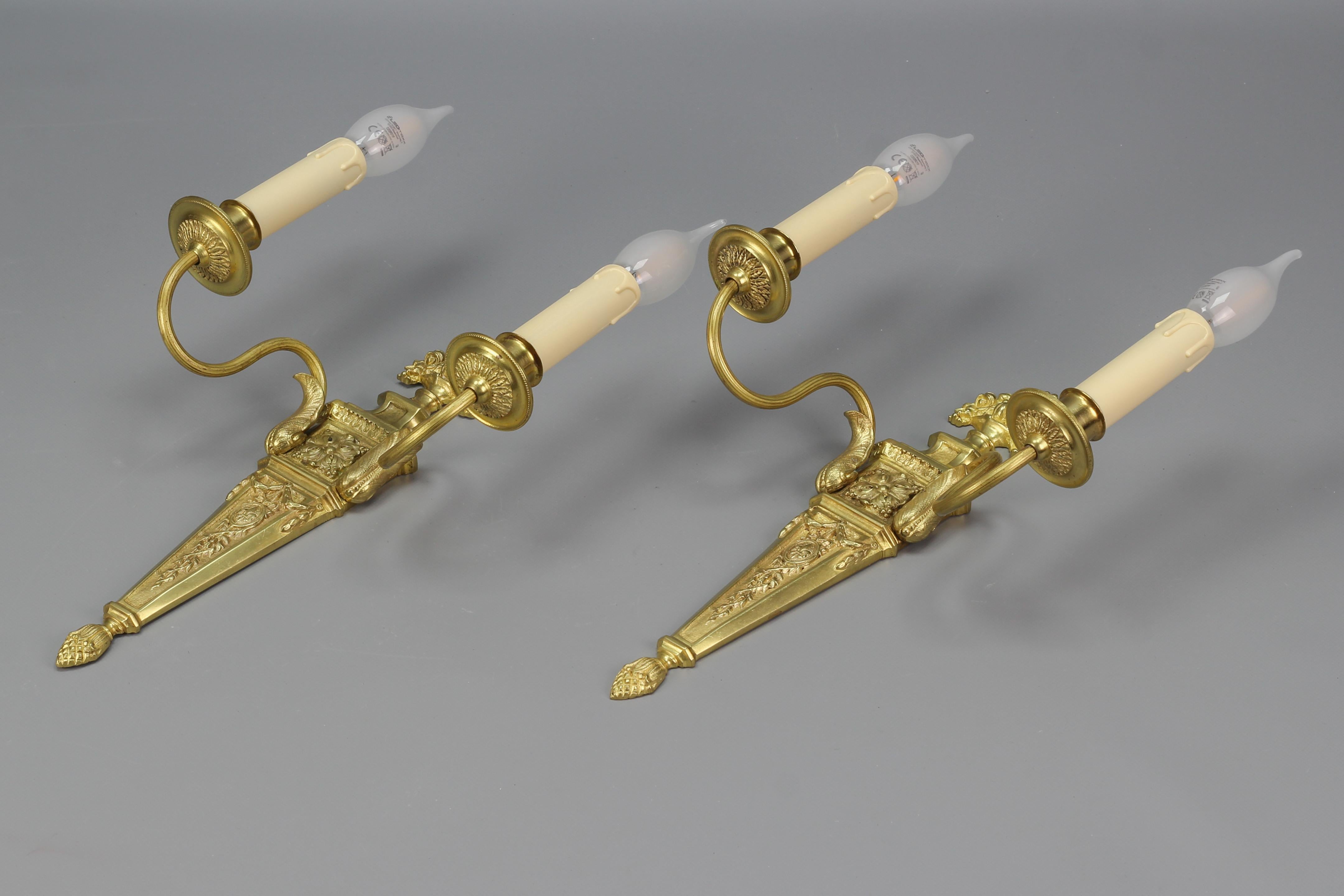 Pair of French Louis XVI Style Two-Light Gilt Bronze and Brass Sconces For Sale 7