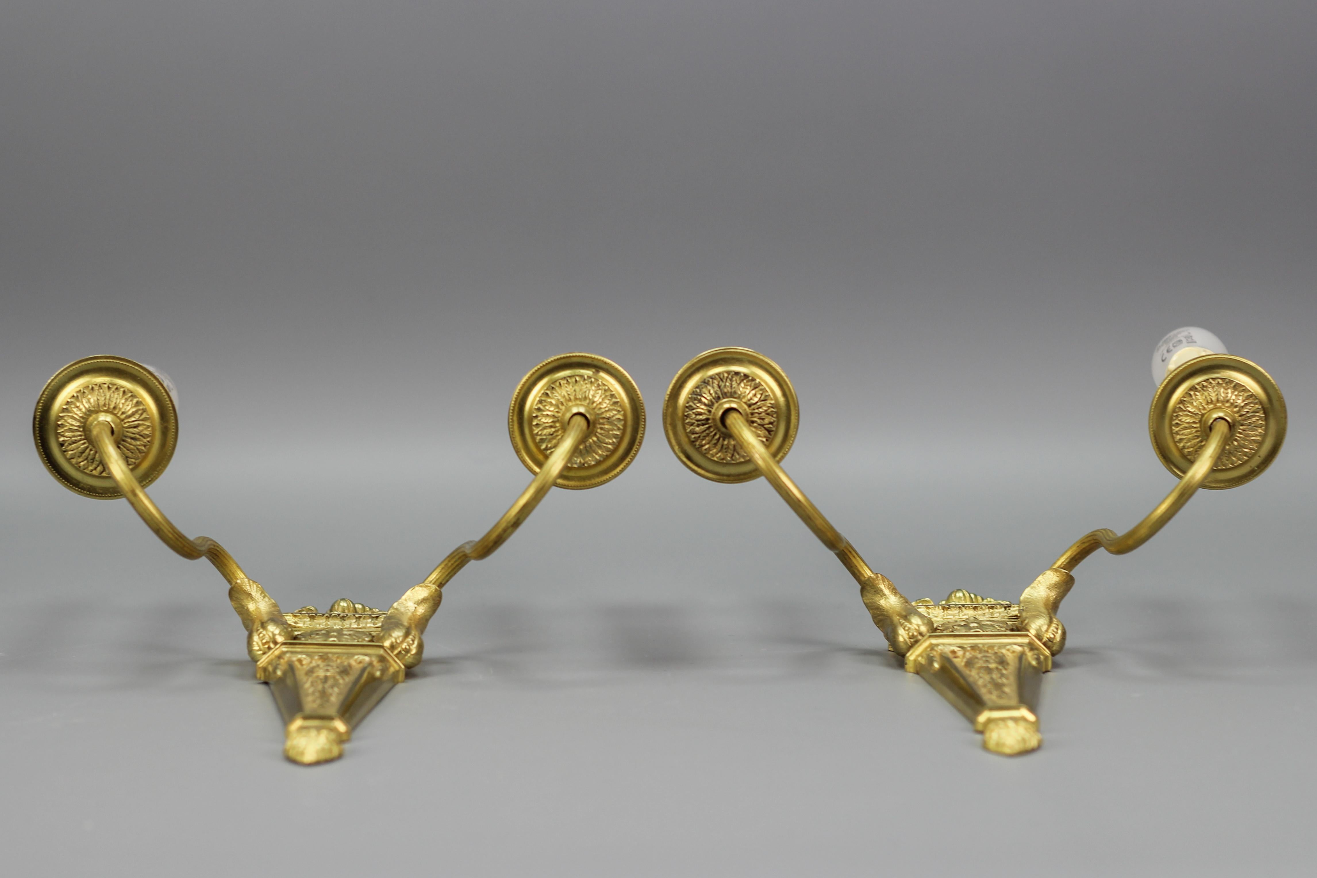 Pair of French Louis XVI Style Two-Light Gilt Bronze and Brass Sconces For Sale 10