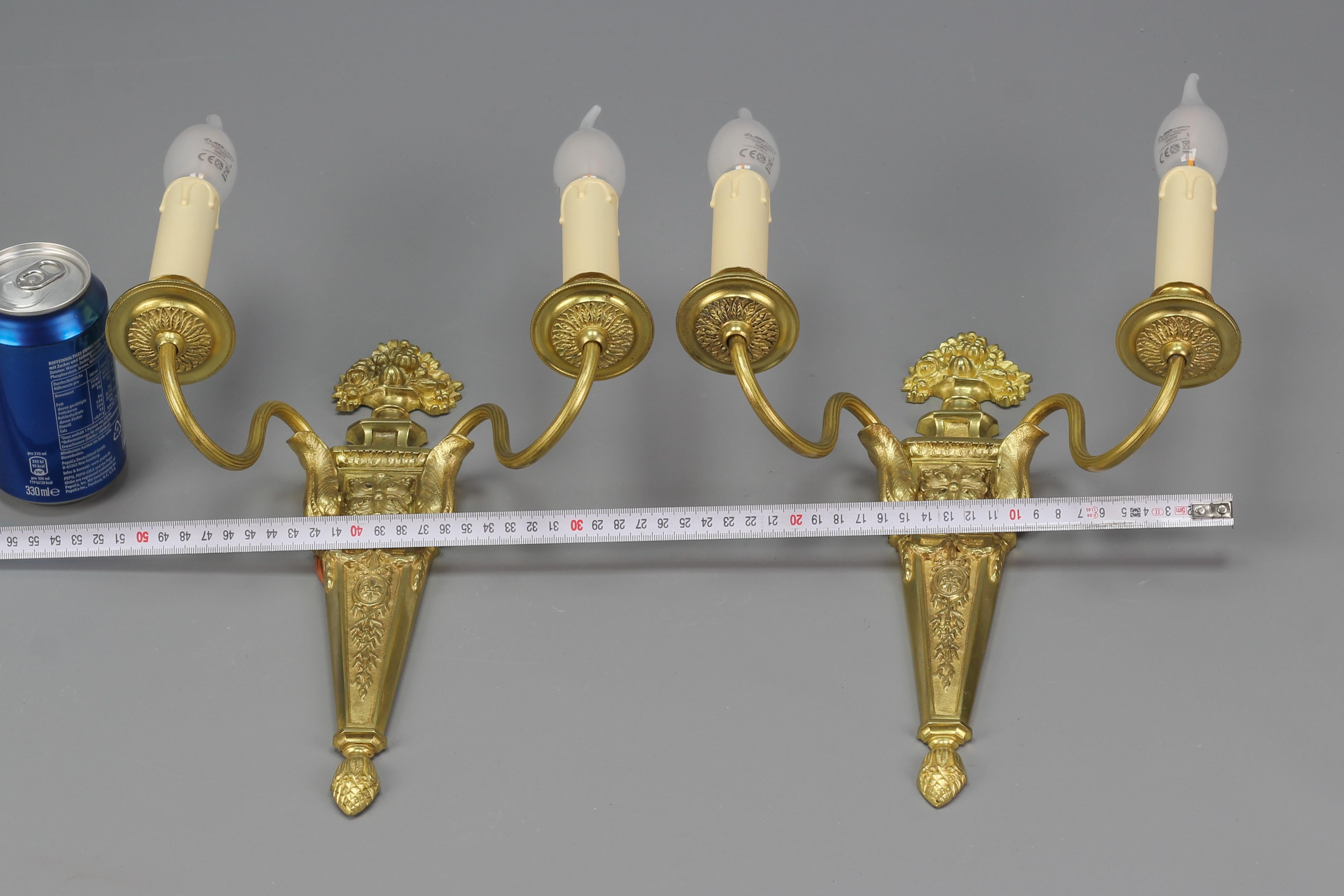 Pair of French Louis XVI Style Two-Light Gilt Bronze and Brass Sconces For Sale 12