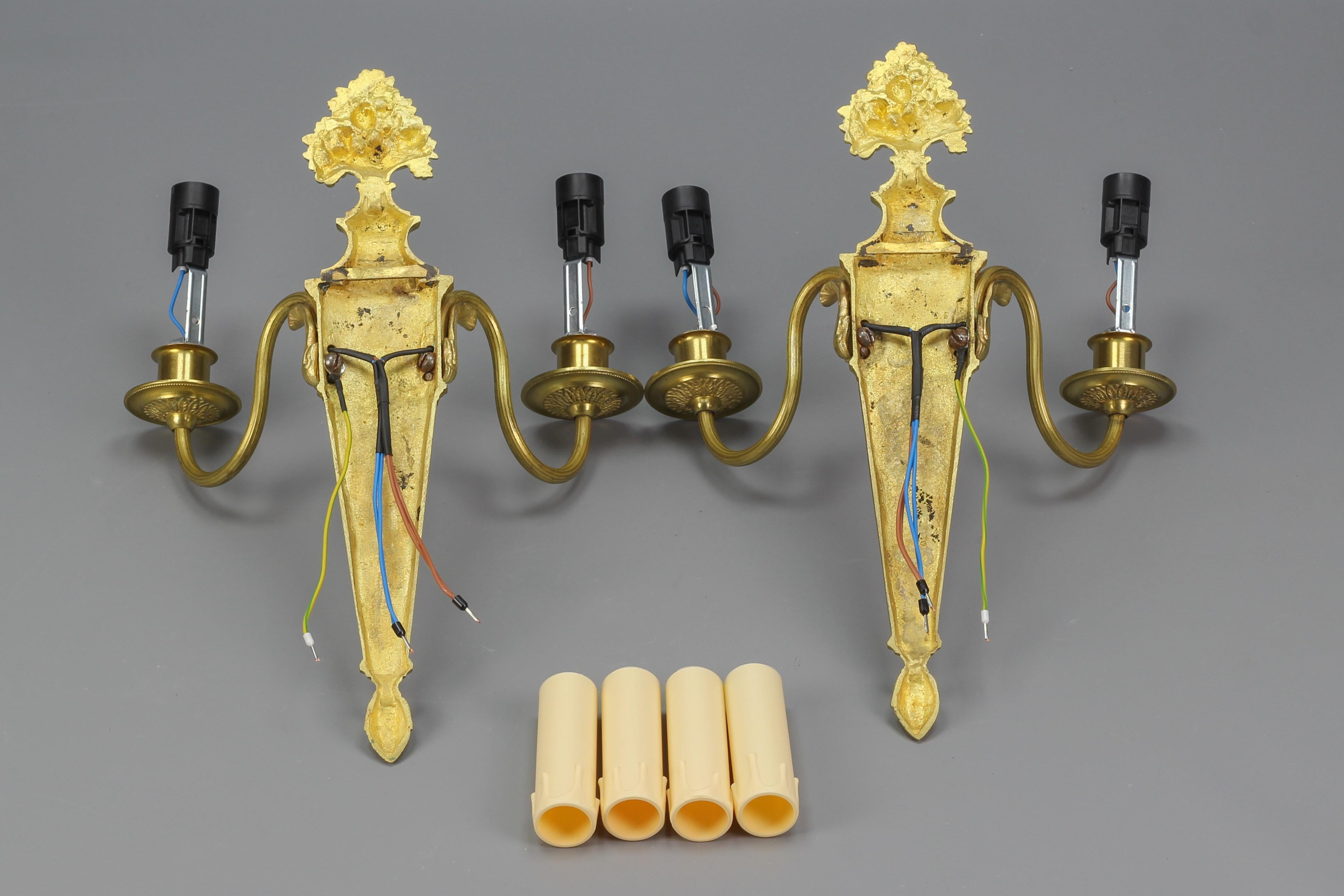 Pair of French Louis XVI Style Two-Light Gilt Bronze and Brass Sconces For Sale 14