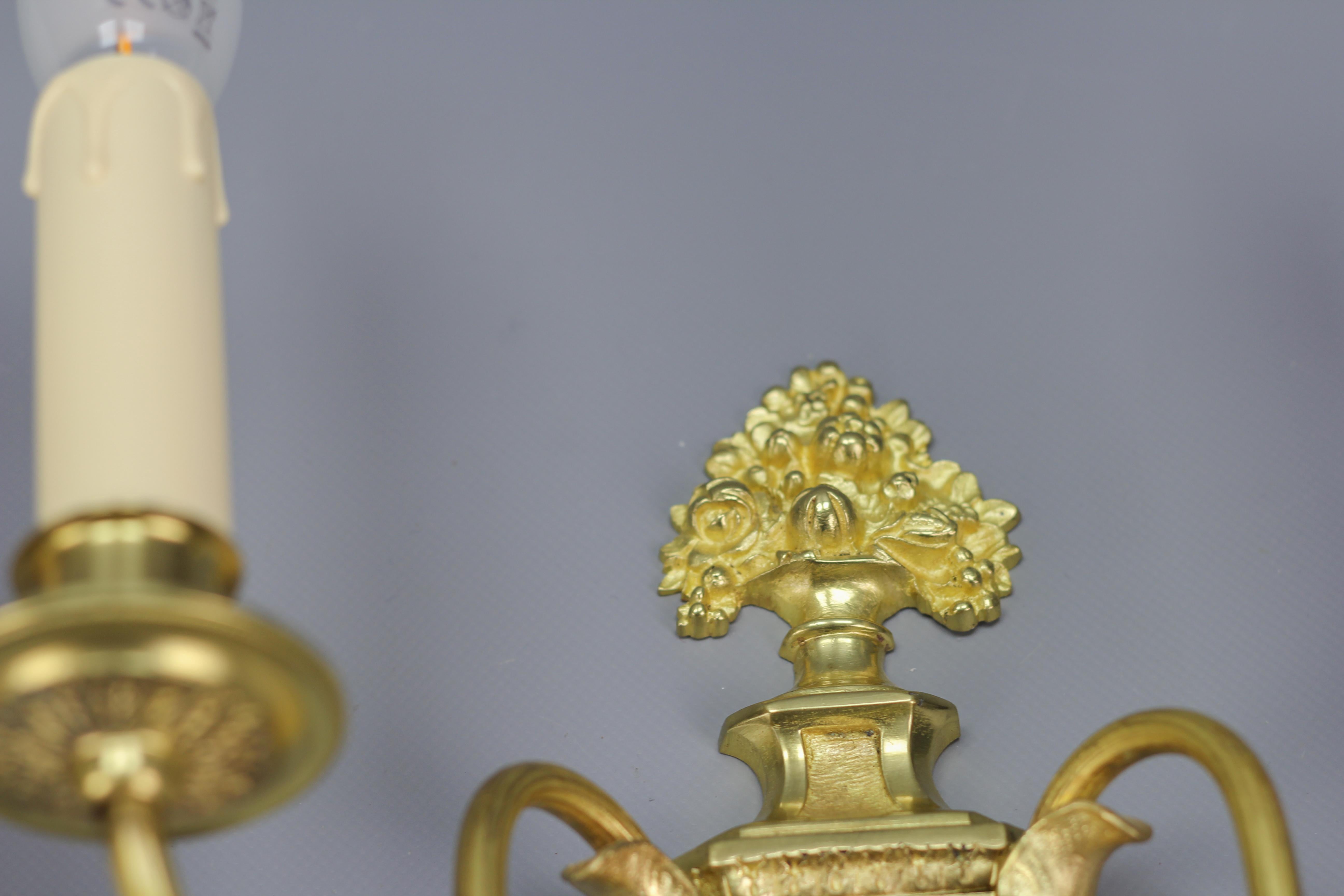 Pair of French Louis XVI Style Two-Light Gilt Bronze and Brass Sconces For Sale 4