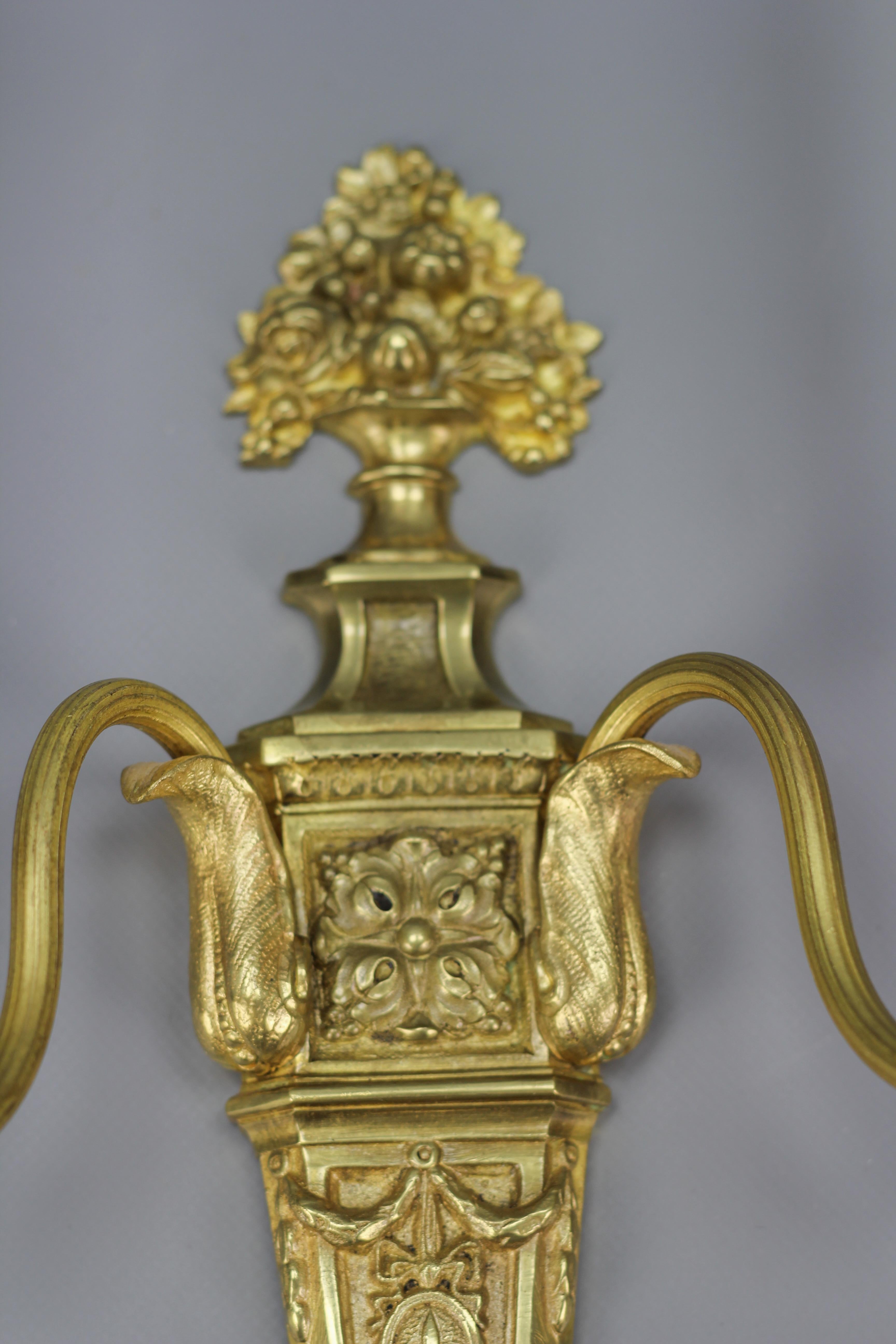 Pair of French Louis XVI Style Two-Light Gilt Bronze and Brass Sconces For Sale 5