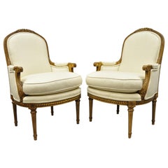 Pair of French Louis XVI Style Upholstered Bergere Armchairs Greenbaum Interiors