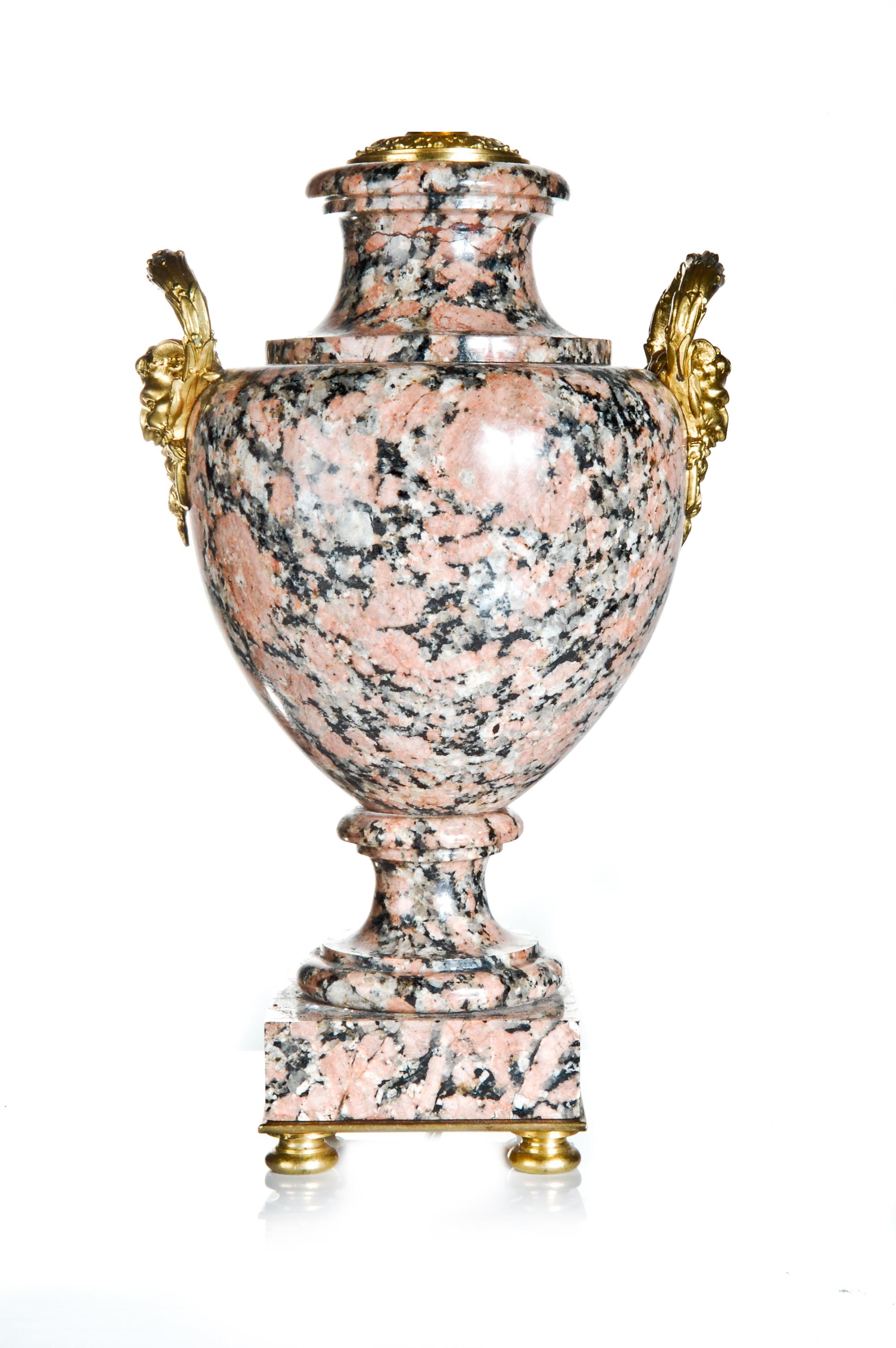 Pair of French Louis XVI Style Urn Form Gilt Bronze Mounted Granite Lamps In Good Condition For Sale In New York, NY